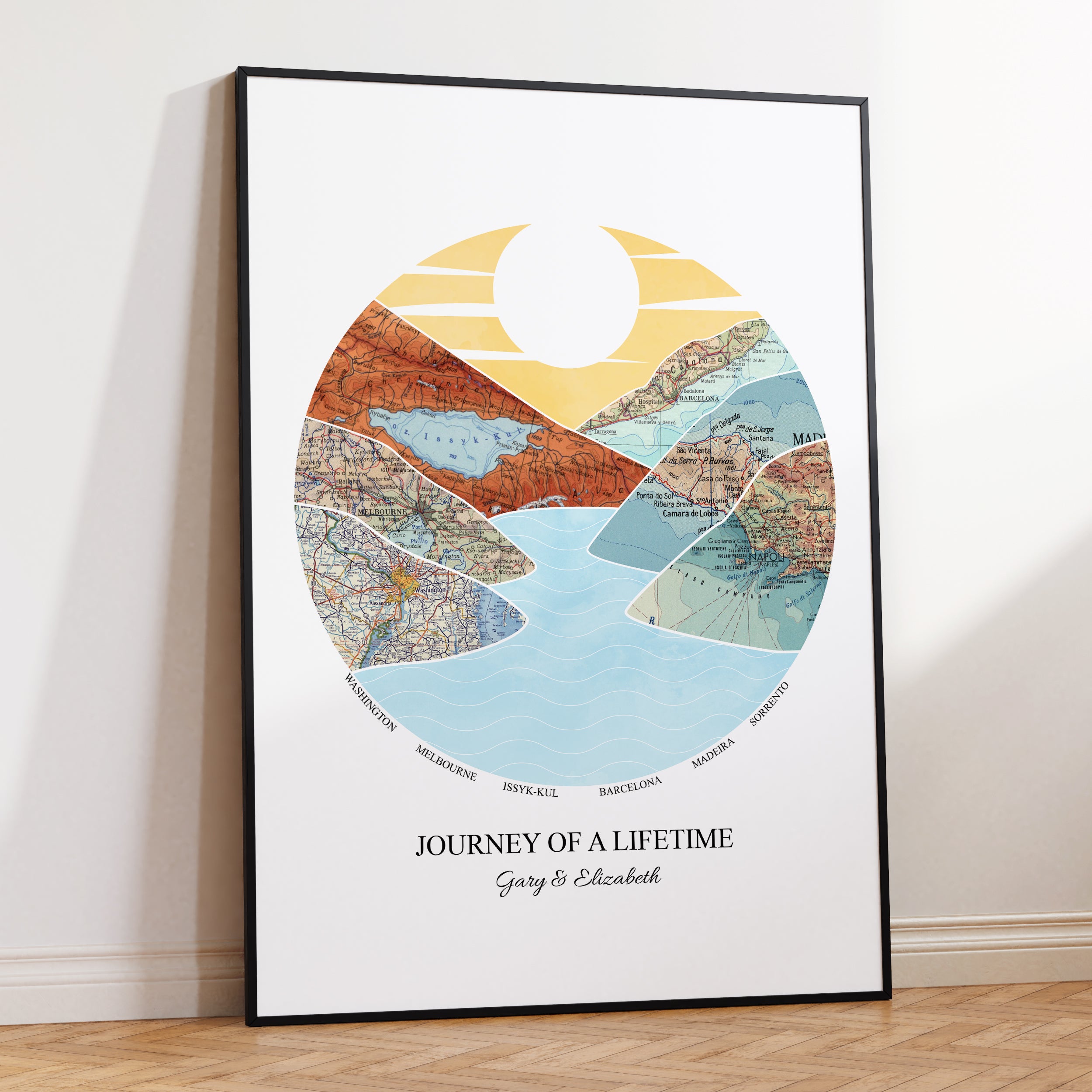 Personalised Watercolour Travel Map Mountain Print 2 - 6 Locations