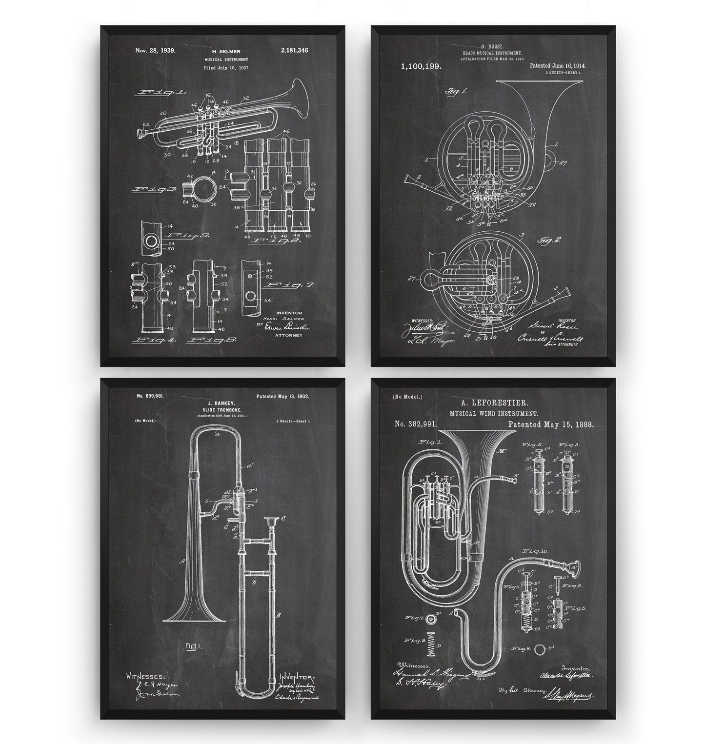 Brass Instrument Set Of 4 Patent Prints - Magic Posters