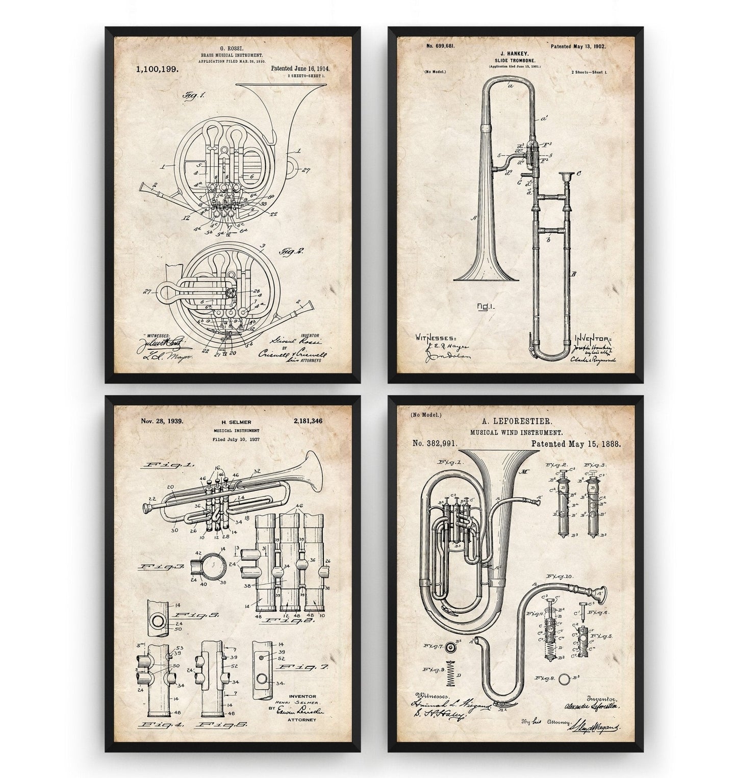 Brass Instrument Set Of 4 Patent Prints - Magic Posters