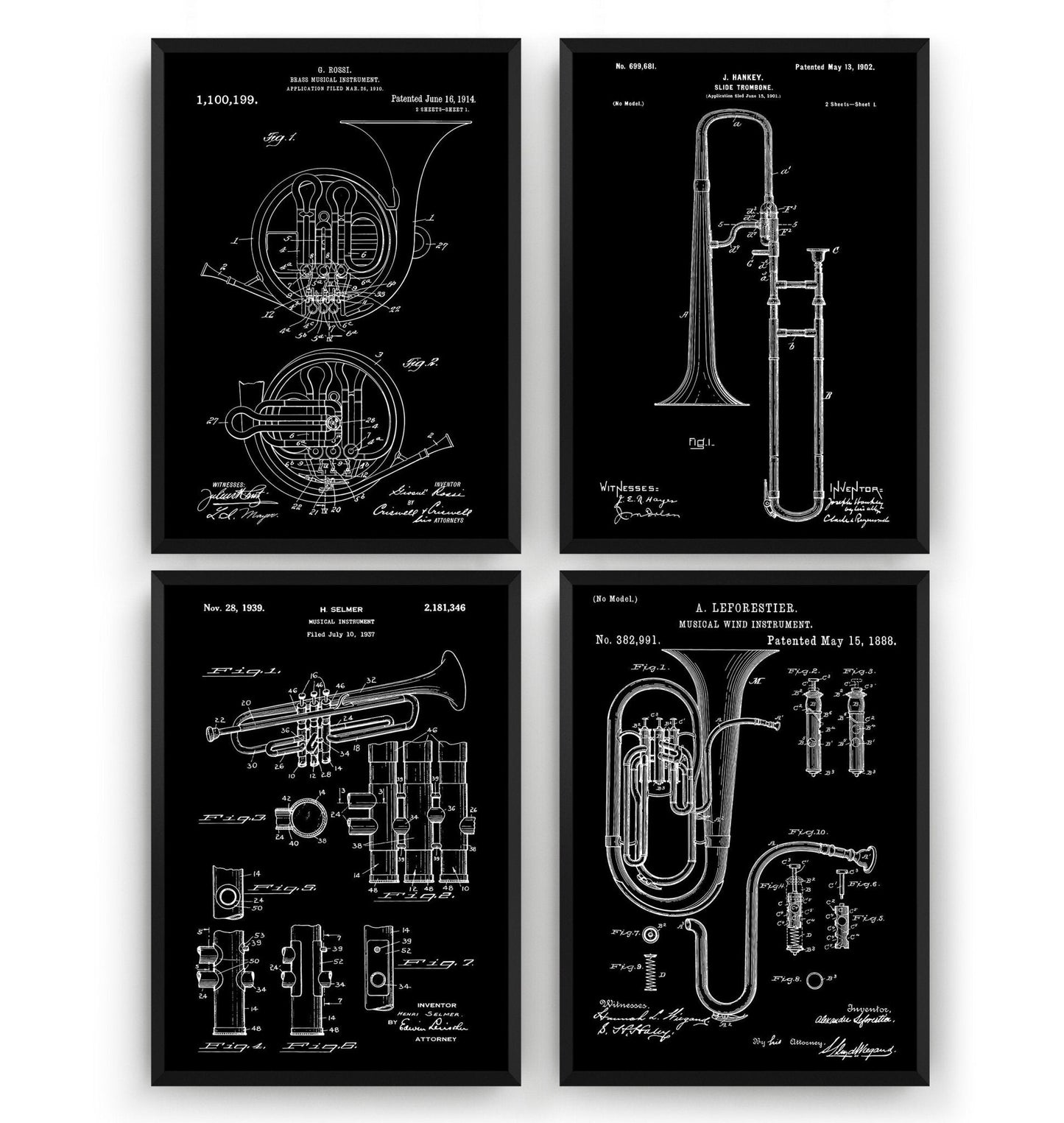 Brass Instrument Set Of 4 Patent Prints - Magic Posters