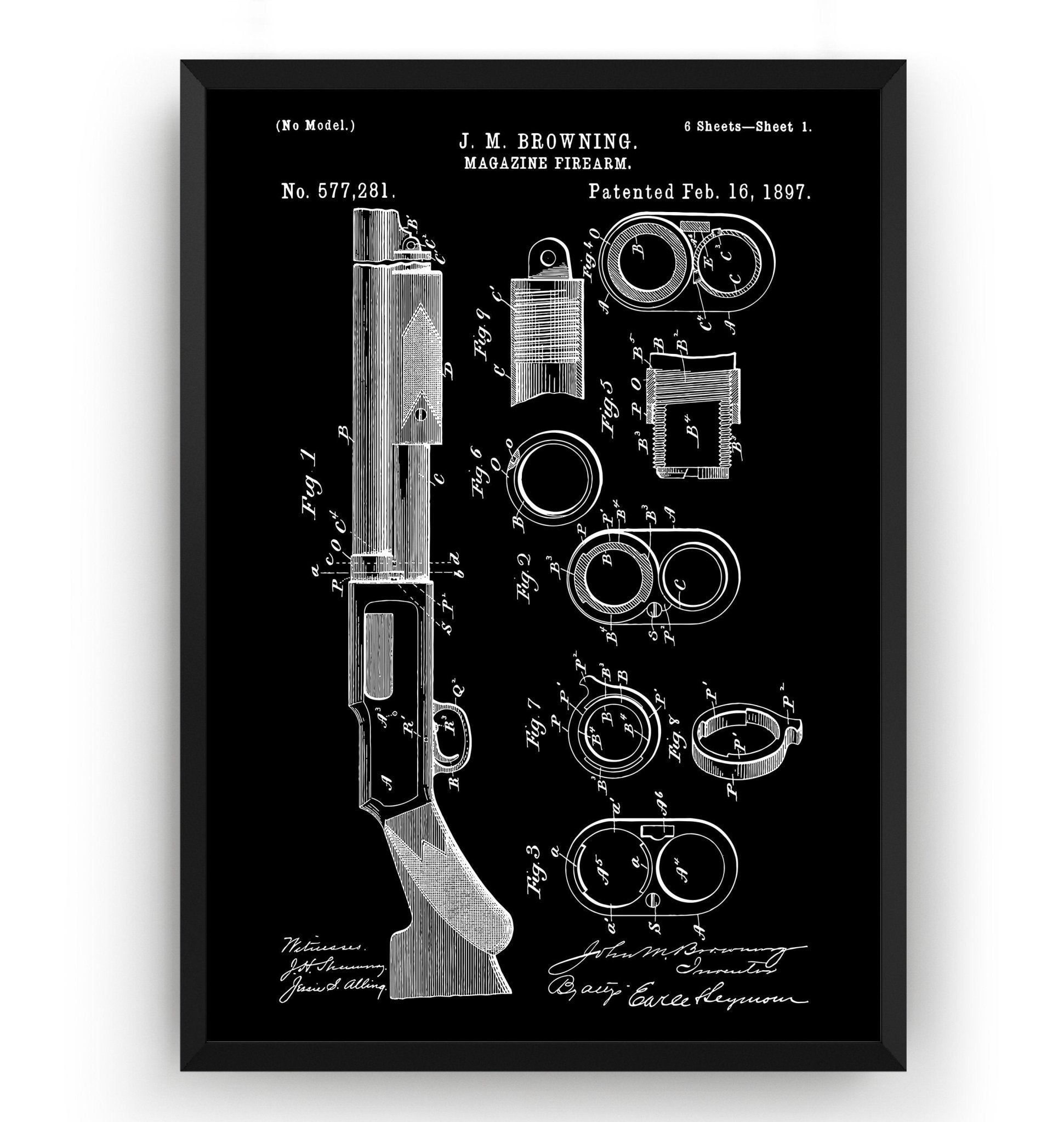 Browning Magazine Shotgun Firearm 1897 Patent Print - Magic Posters