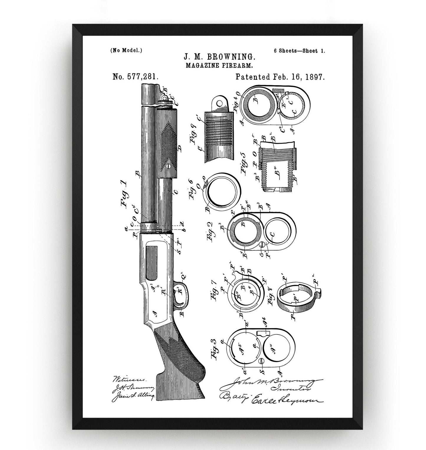 Browning Magazine Shotgun Firearm 1897 Patent Print - Magic Posters