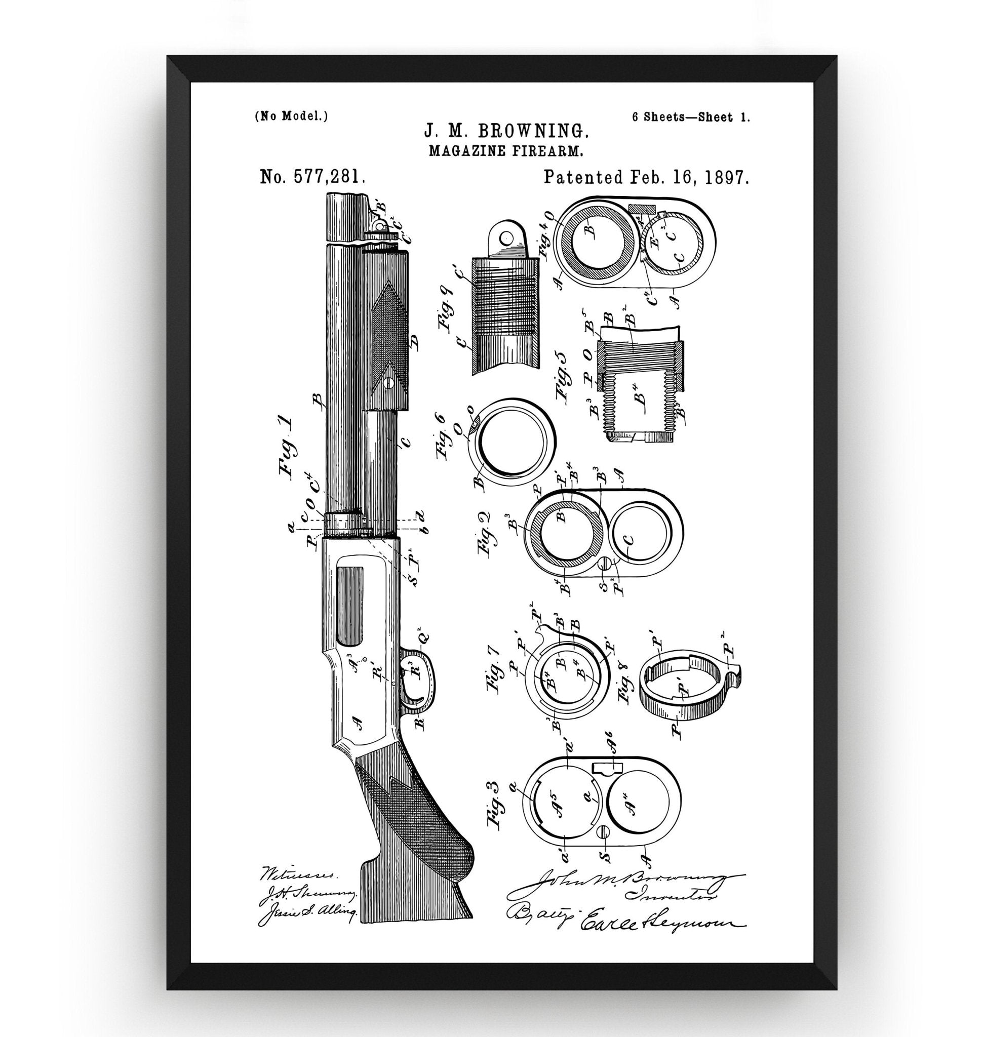 Browning Magazine Shotgun Firearm 1897 Patent Print - Magic Posters