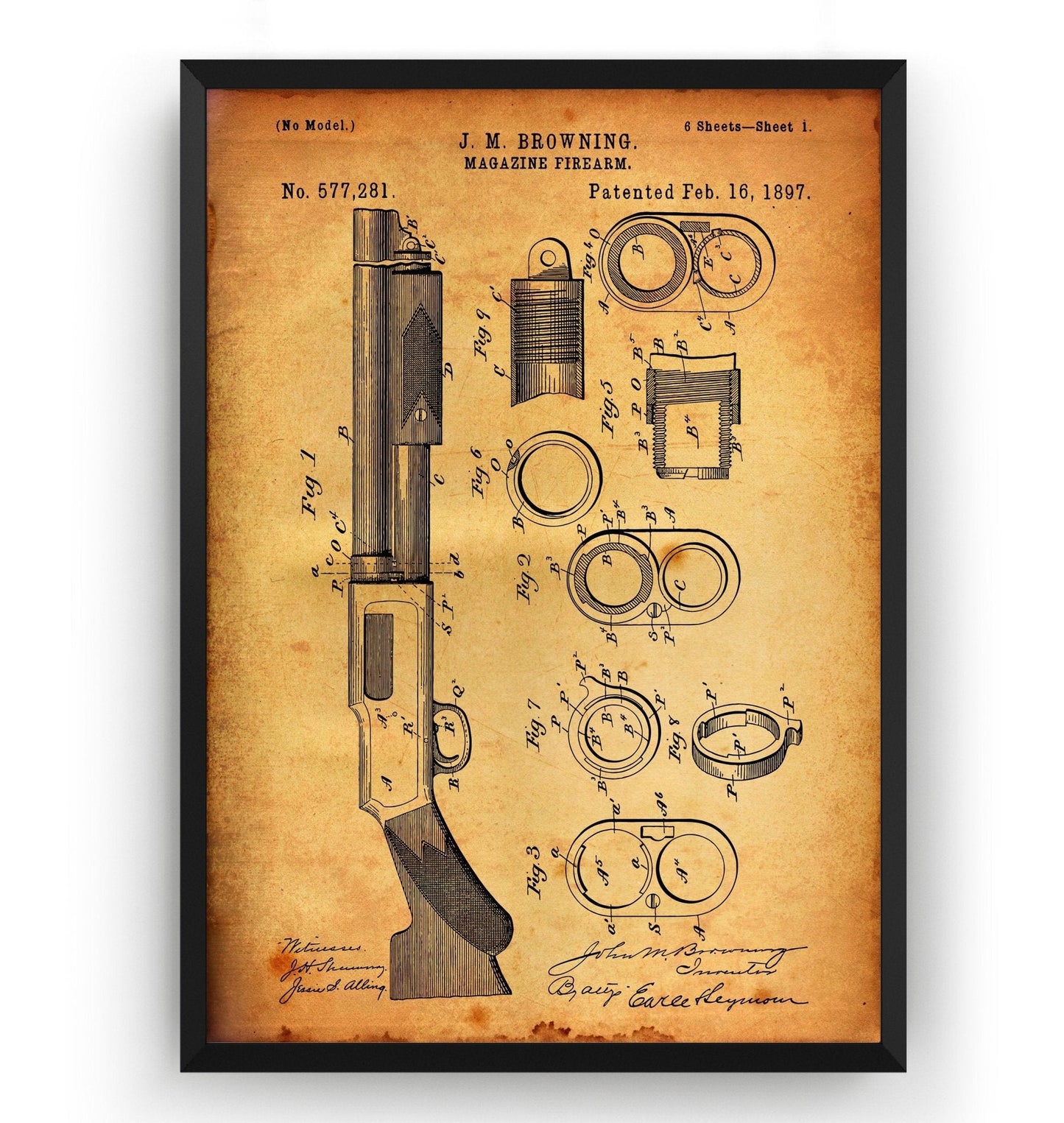 Browning Magazine Shotgun Firearm 1897 Patent Print - Magic Posters