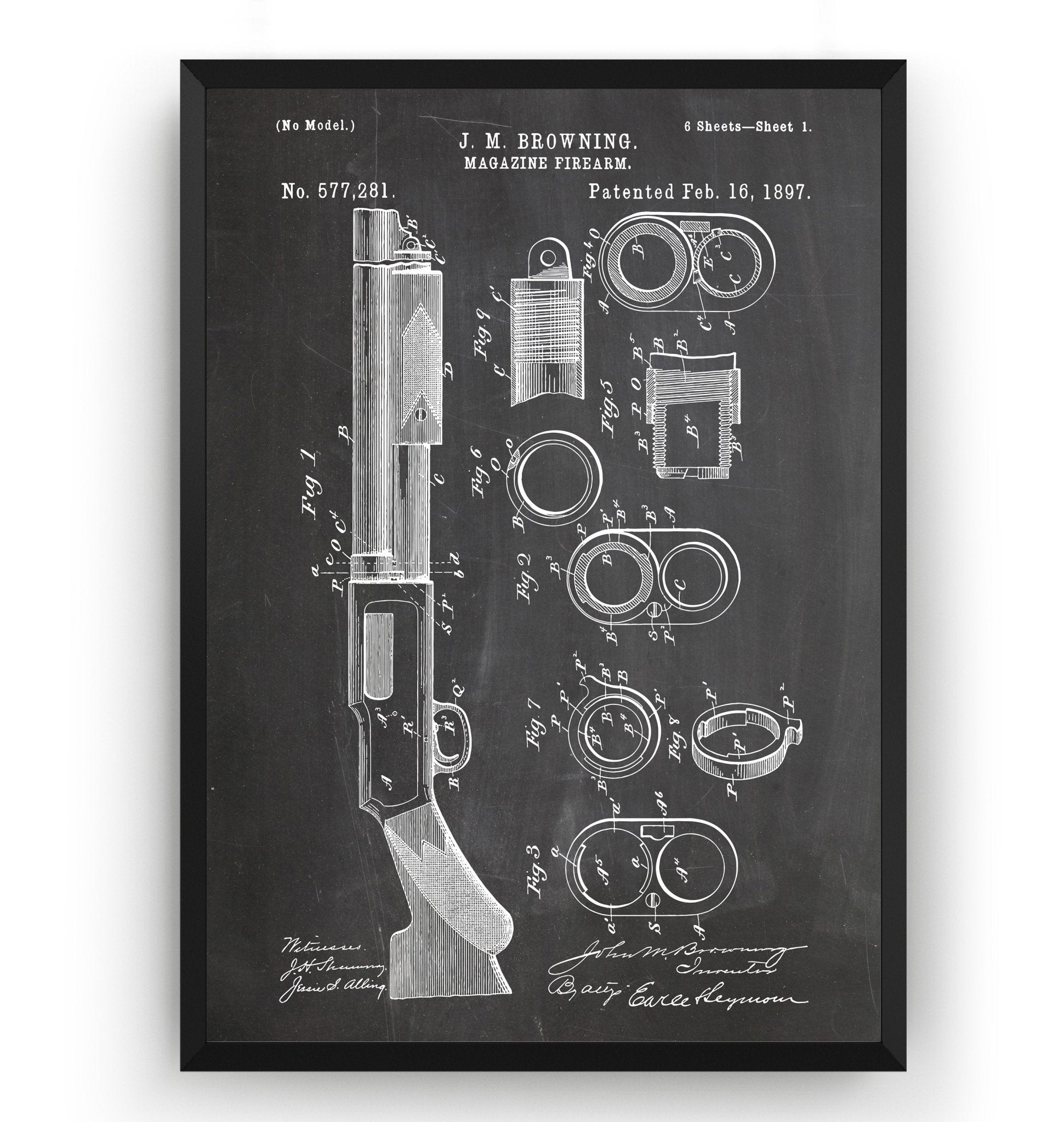 Browning Magazine Shotgun Firearm 1897 Patent Print - Magic Posters