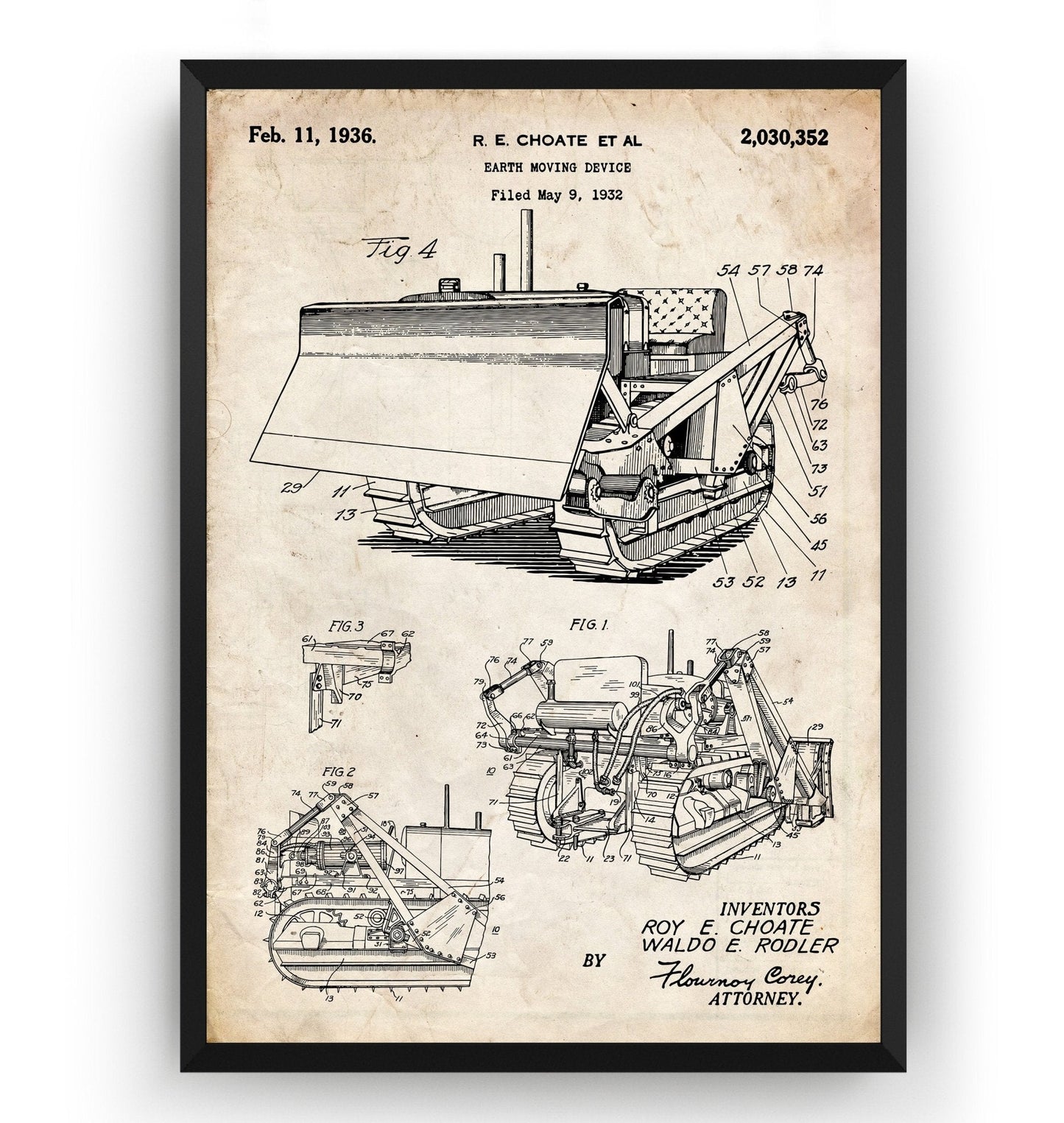 Bulldozer Earth Mover 1936 Patent Print - Magic Posters