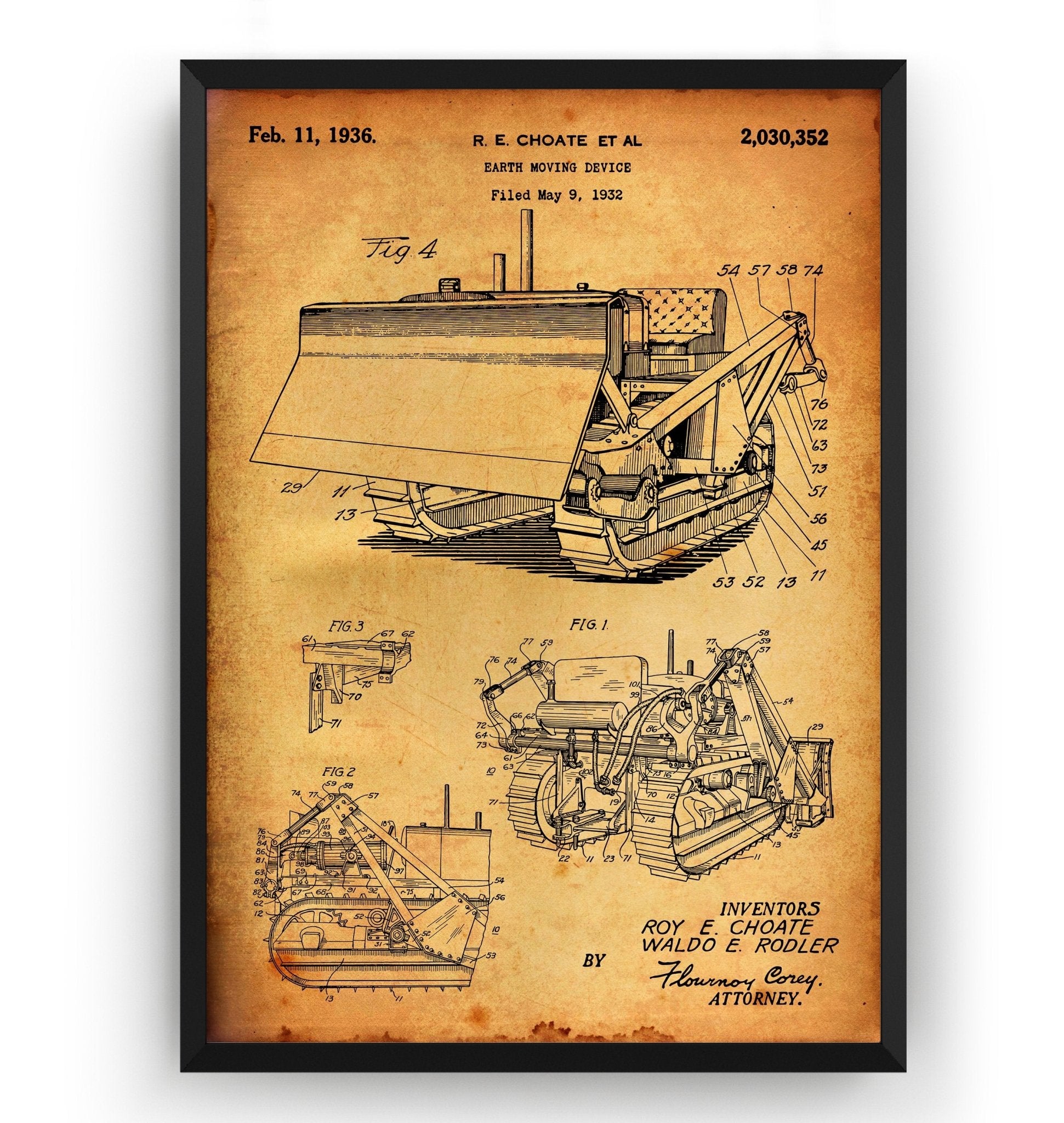 Bulldozer Earth Mover 1936 Patent Print - Magic Posters