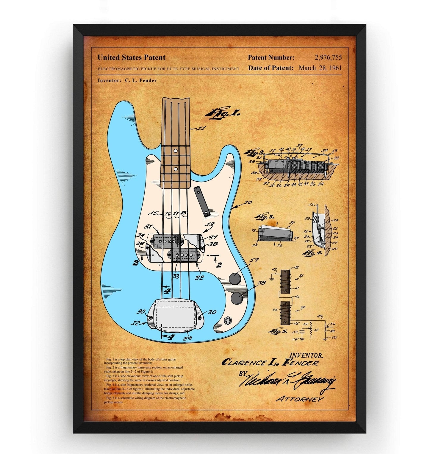 Colourised Fender Precision Bass Guitar 1961 Patent Print - Magic Posters