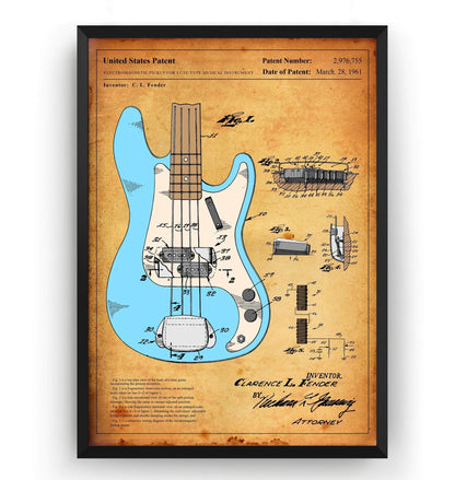 Colourised Fender Precision Bass Guitar 1961 Patent Print - Magic Posters