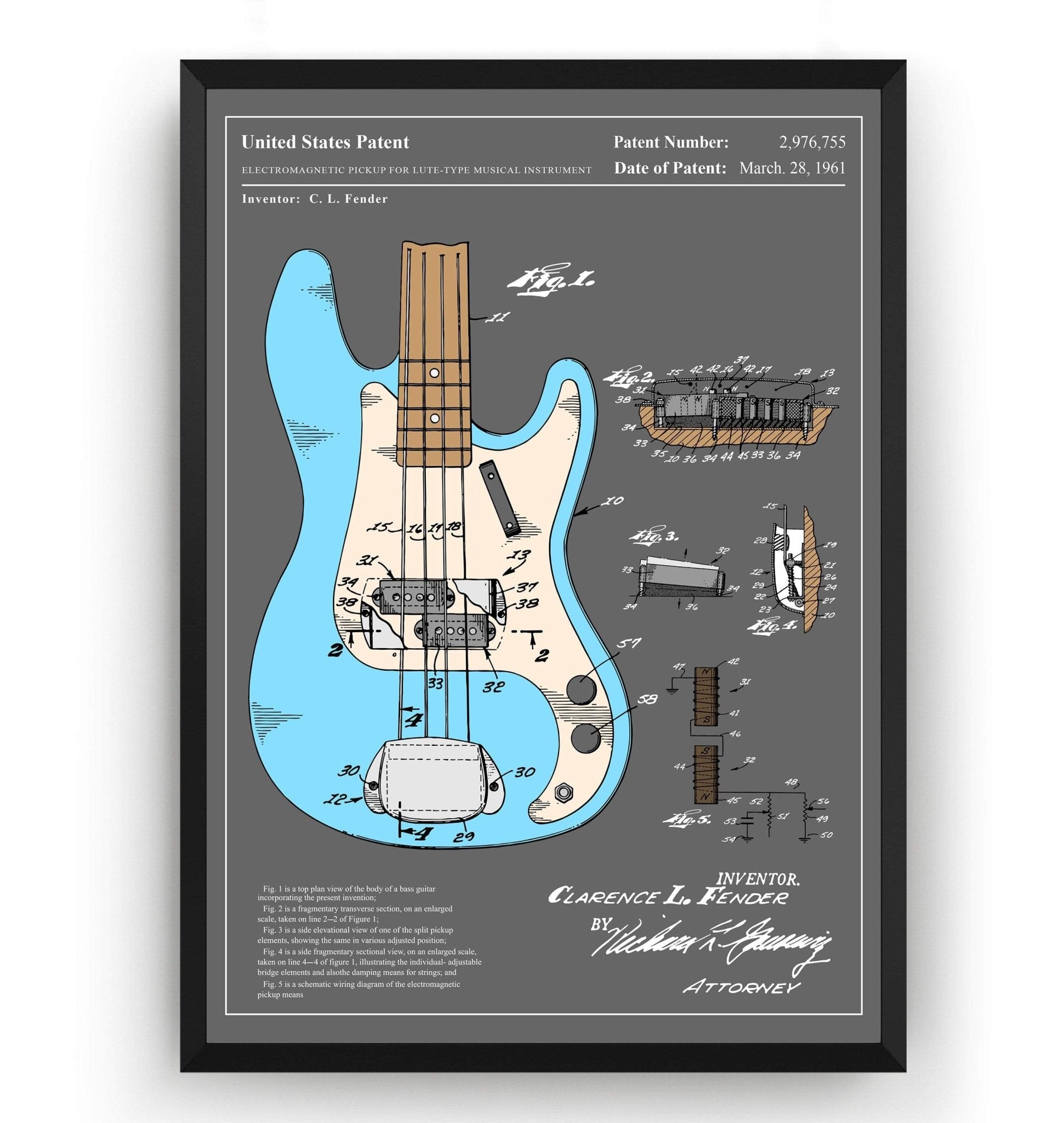 Colourised Fender Precision Bass Guitar 1961 Patent Print - Magic Posters