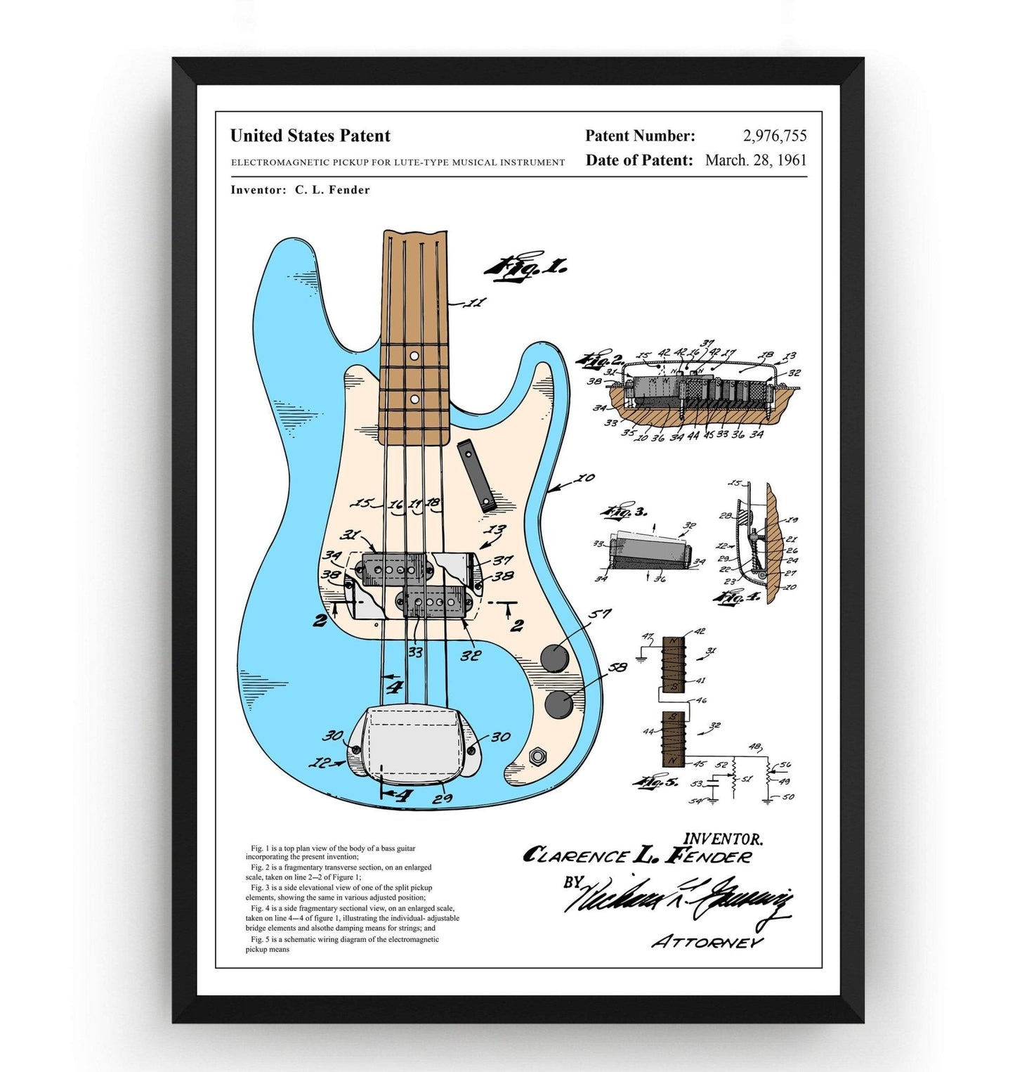 Colourised Fender Precision Bass Guitar 1961 Patent Print - Magic Posters