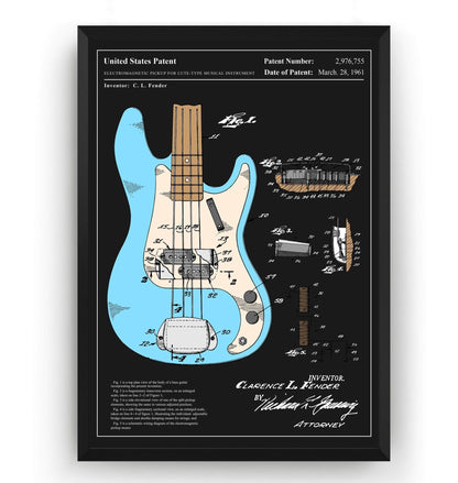 Colourised Fender Precision Bass Guitar 1961 Patent Print - Magic Posters