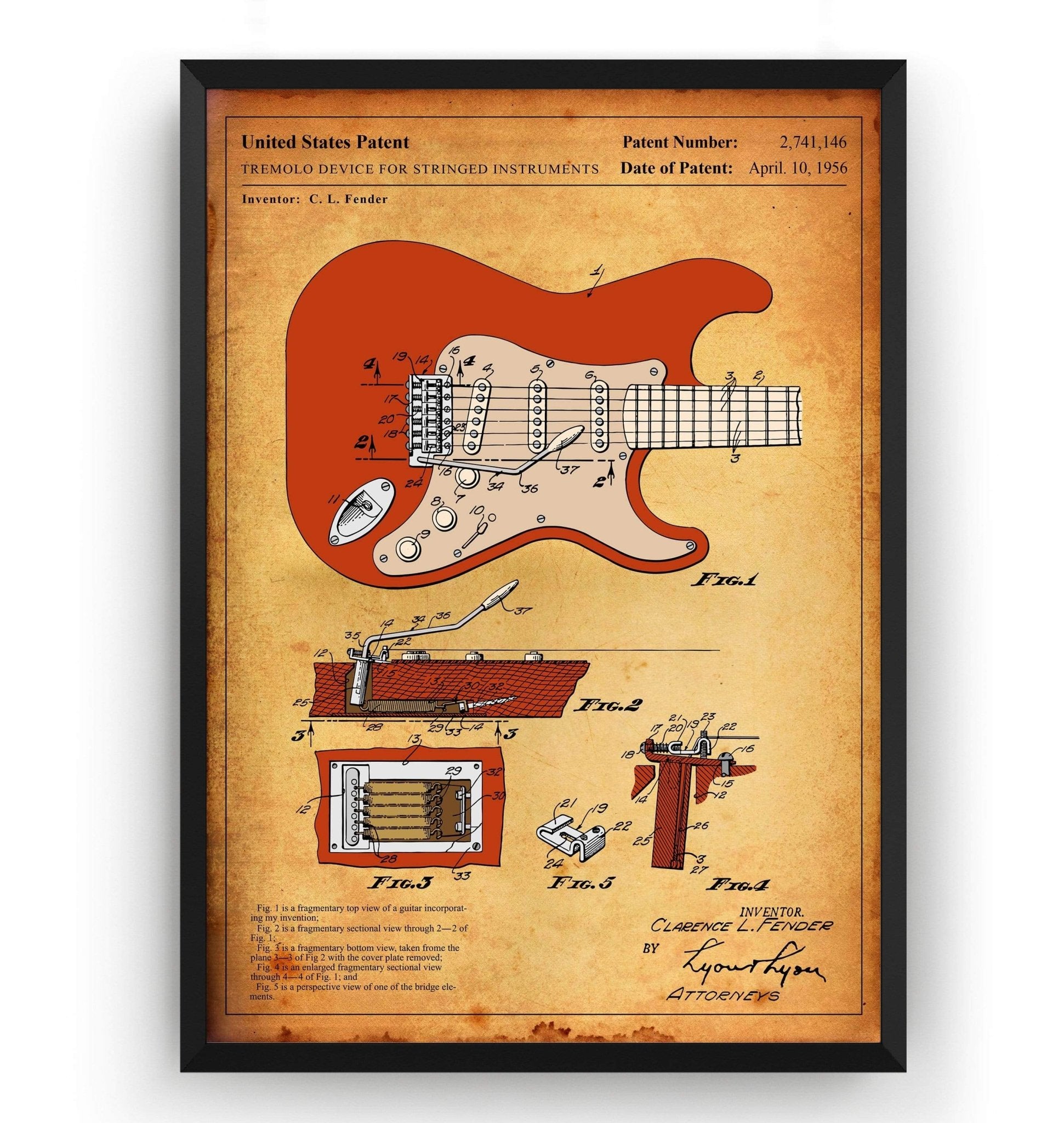 Colourised Fender Stratocaster 1954 Guitar Patent Print - Magic Posters