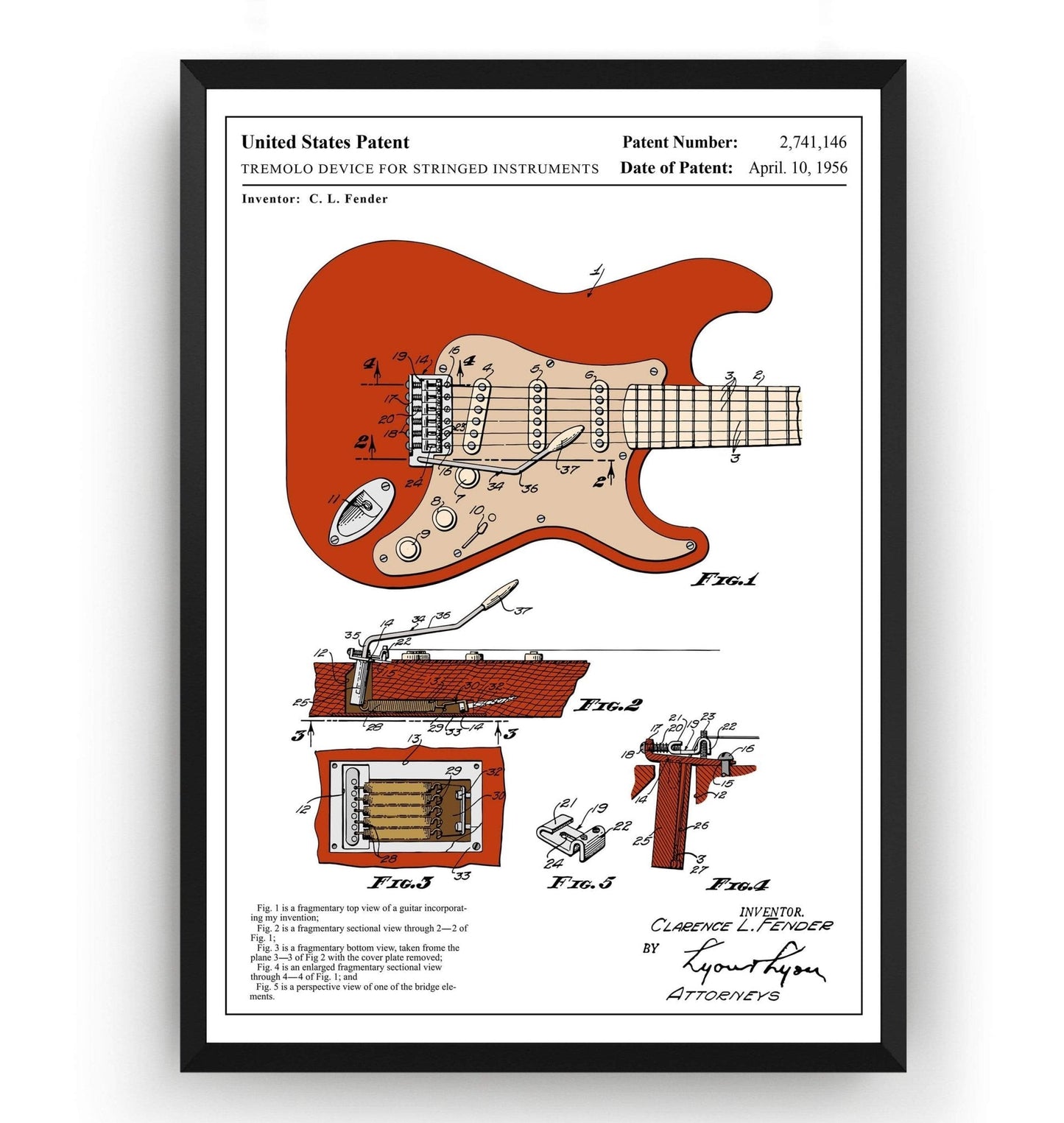 Colourised Fender Stratocaster 1954 Guitar Patent Print - Magic Posters