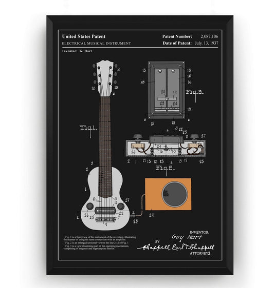 Colourised Gibson E-150 Guitar 1937 Patent Print - Magic Posters