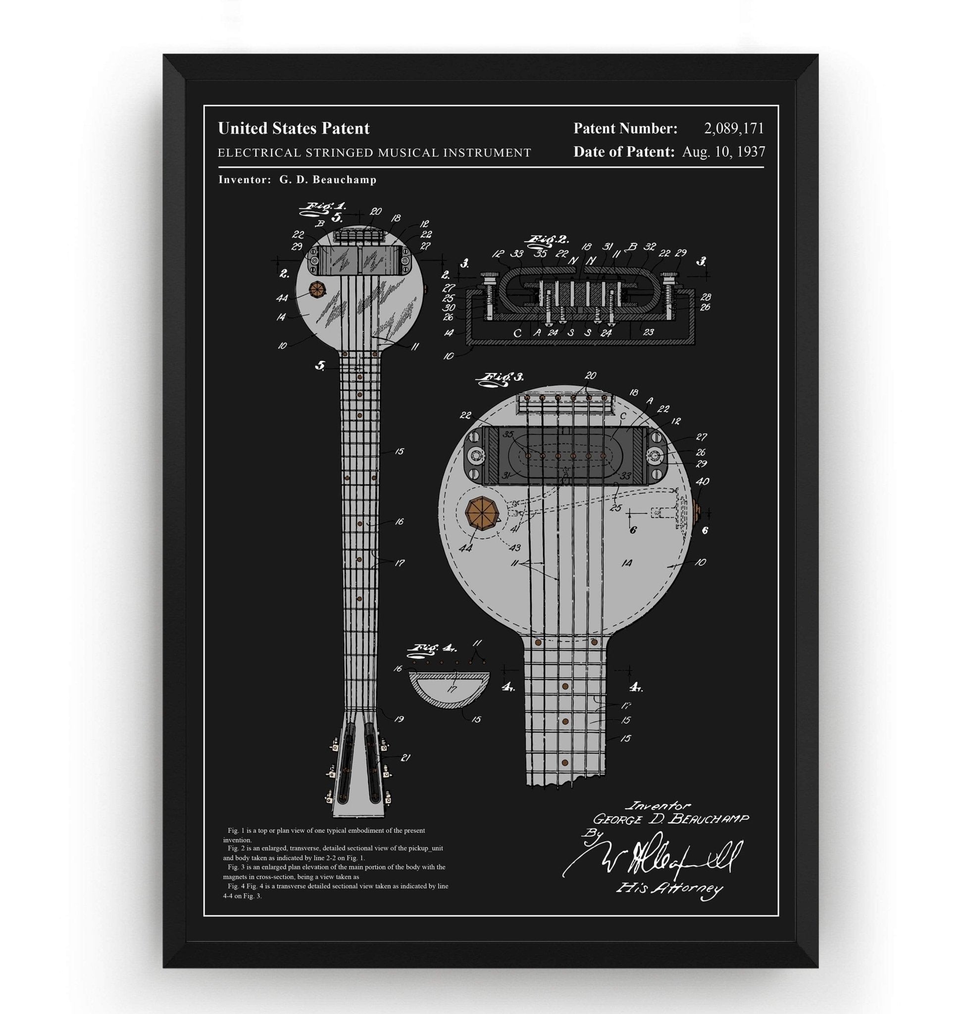 Colourised Rickenbacker Electric Guitar Ro-Pat-In Frying Pan Patent Print - Magic Posters