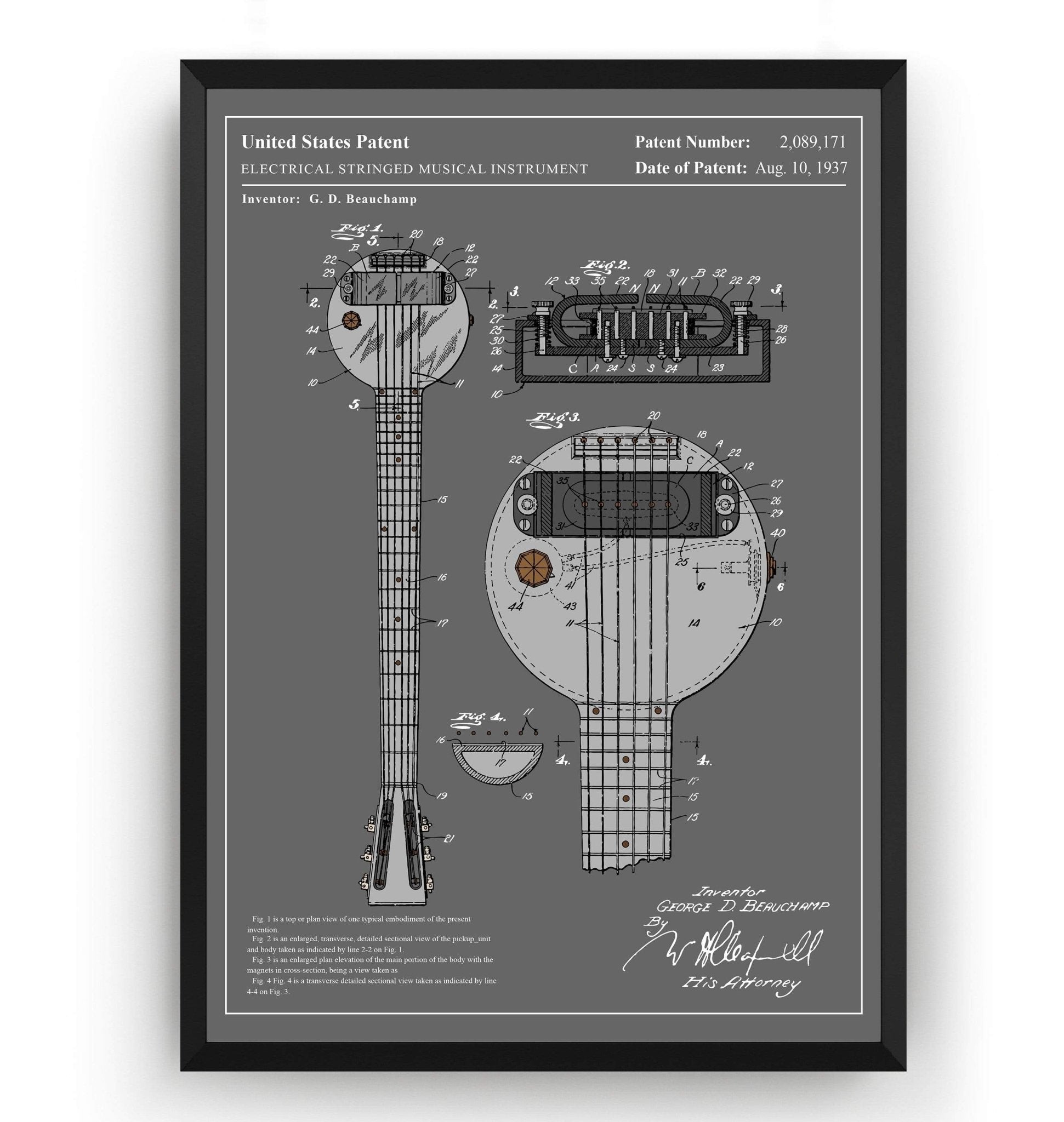 Colourised Rickenbacker Electric Guitar Ro-Pat-In Frying Pan Patent Print - Magic Posters