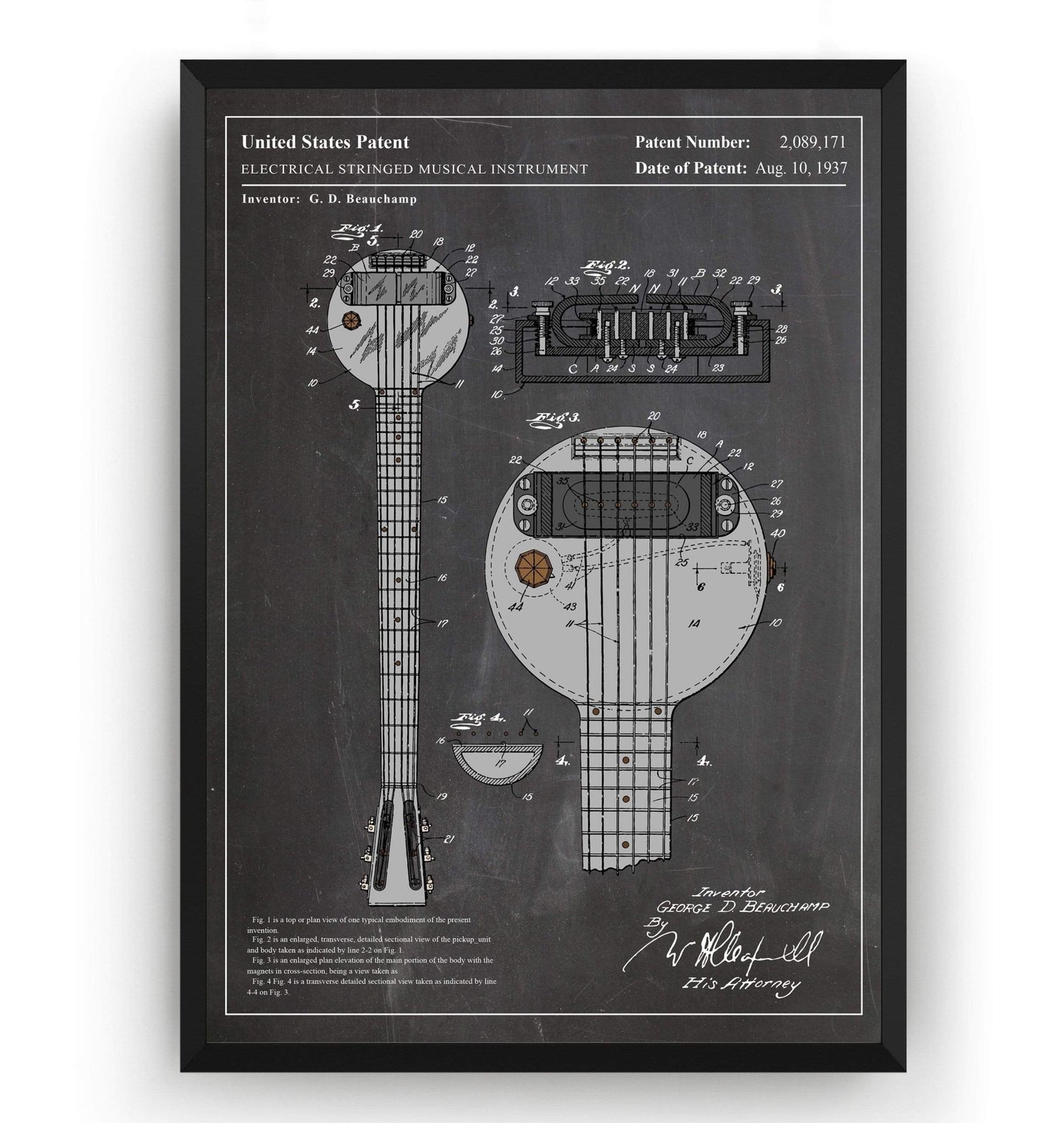 Colourised Rickenbacker Electric Guitar Ro-Pat-In Frying Pan Patent Print - Magic Posters