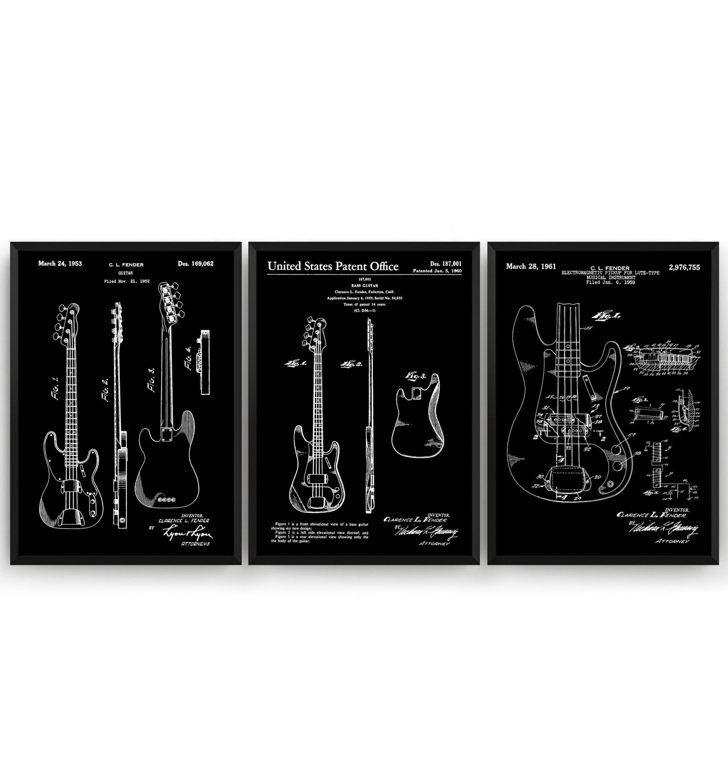 Fender Bass Guitars Set Of 3 Patent Prints - Magic Posters