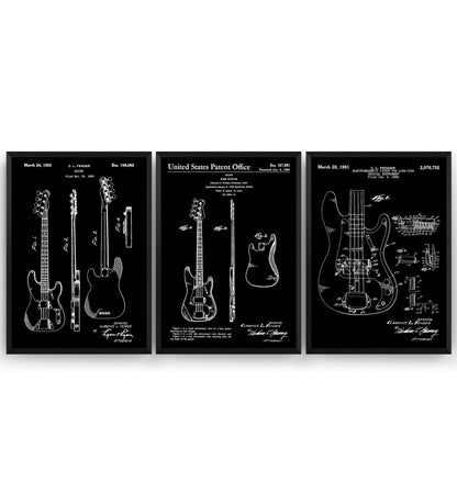 Fender Bass Guitars Set Of 3 Patent Prints - Magic Posters