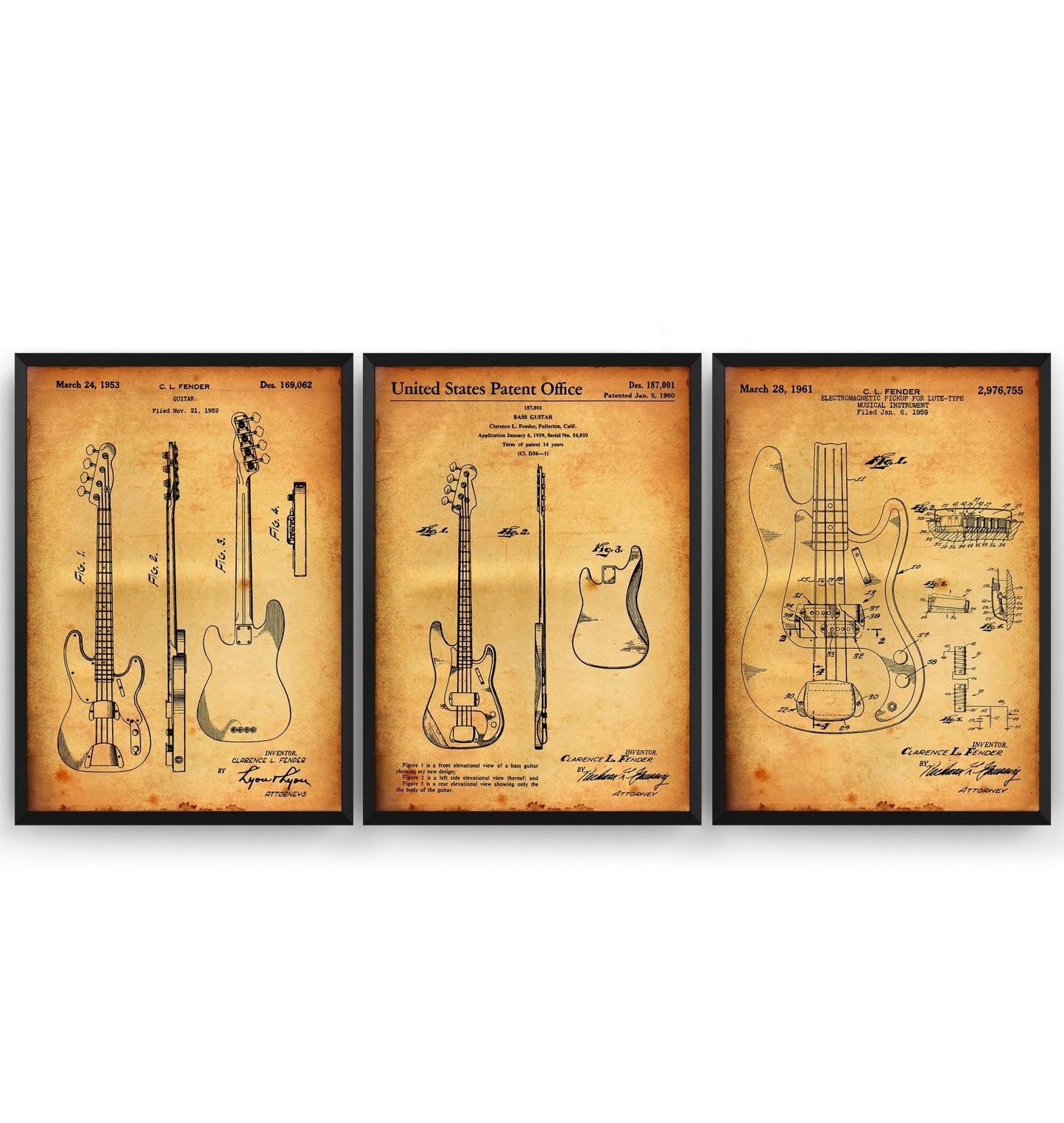 Fender Bass Guitars Set Of 3 Patent Prints - Magic Posters