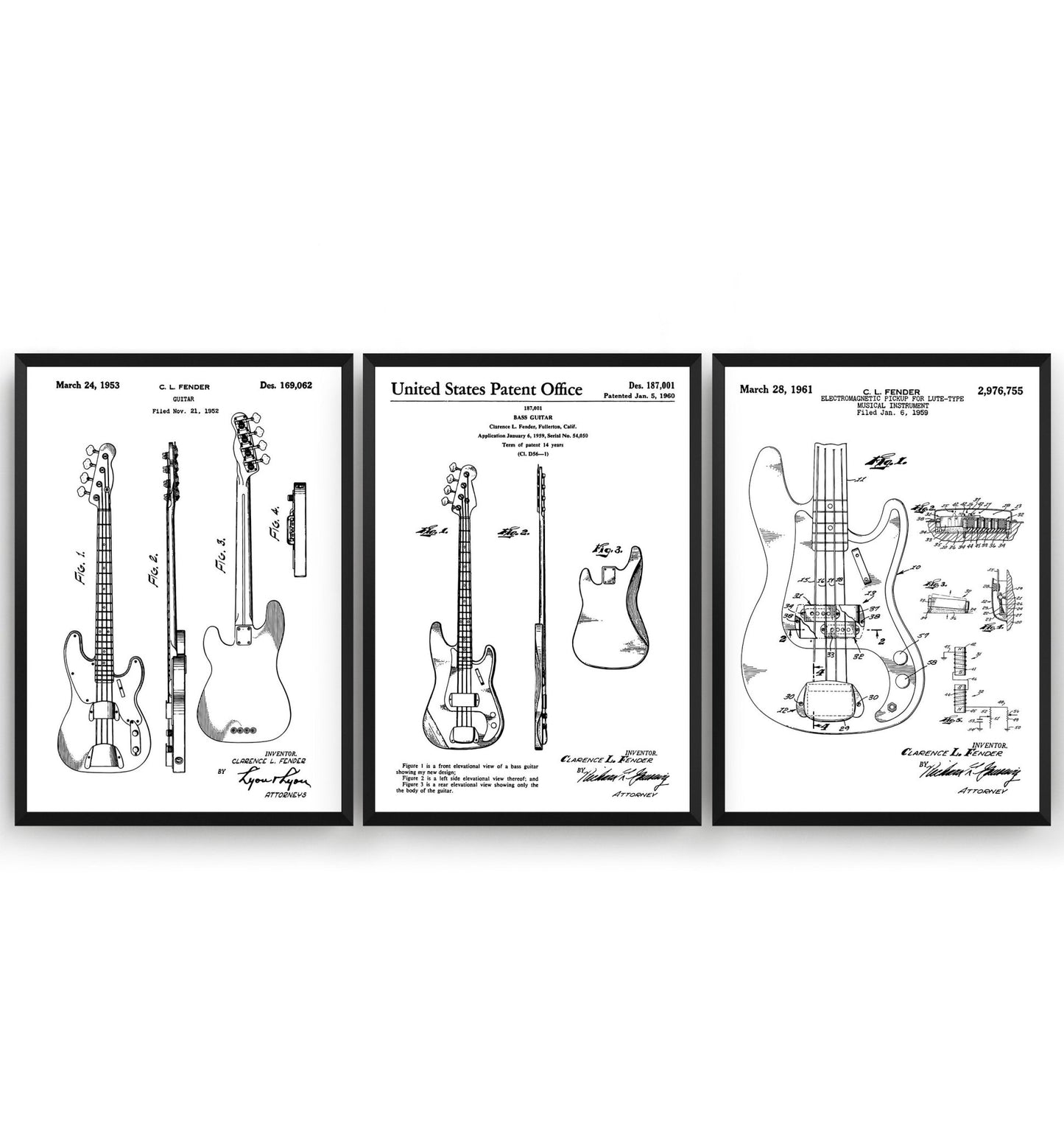 Fender Bass Guitars Set Of 3 Patent Prints - Magic Posters