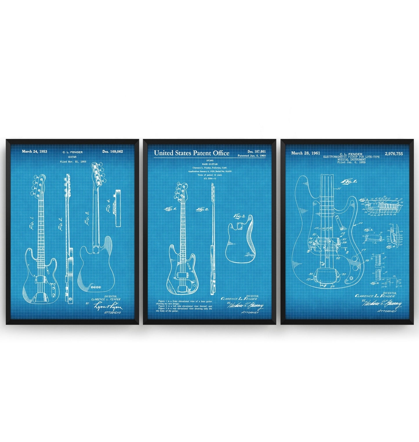 Fender Bass Guitars Set Of 3 Patent Prints - Magic Posters