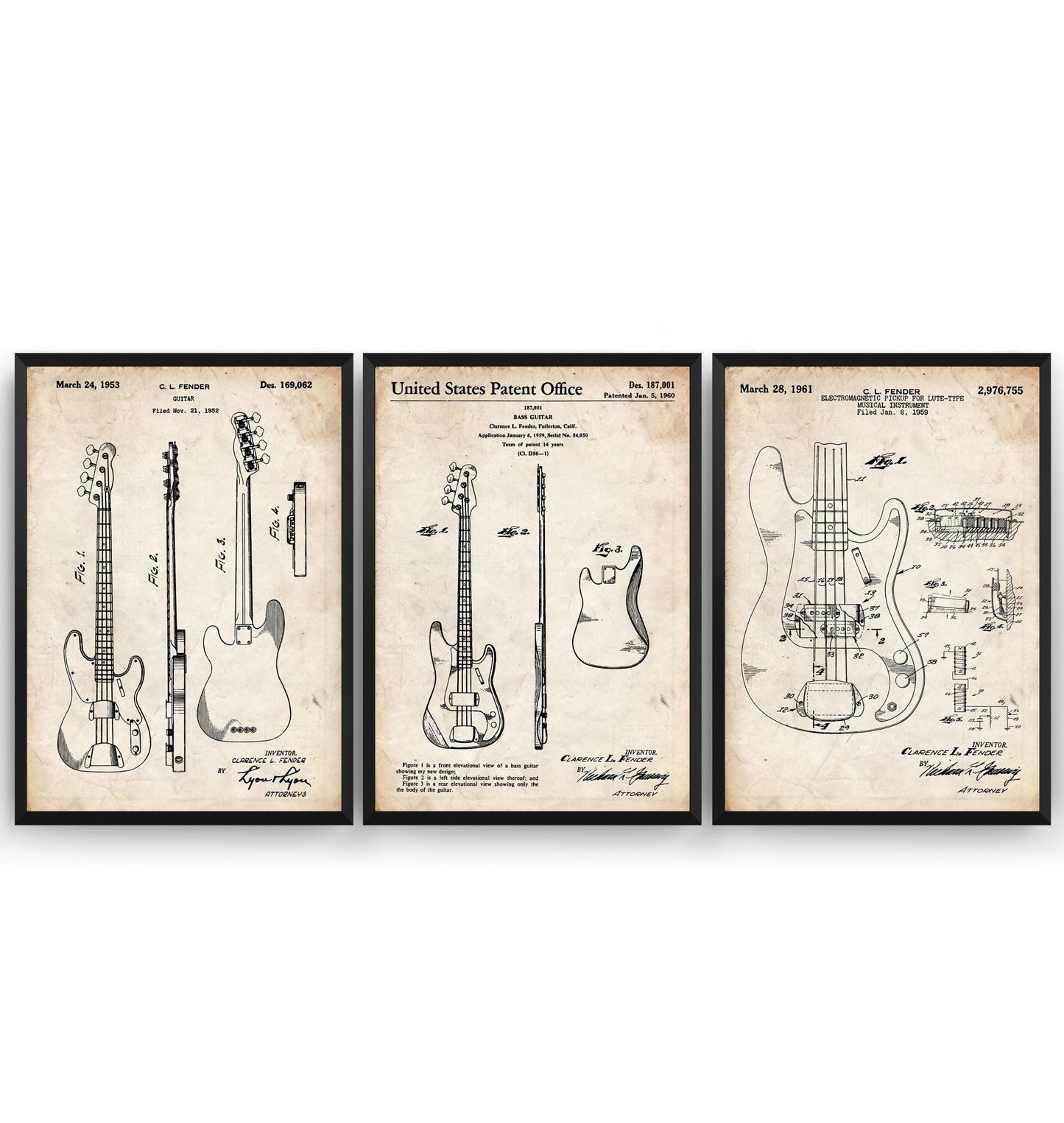 Fender Bass Guitars Set Of 3 Patent Prints - Magic Posters