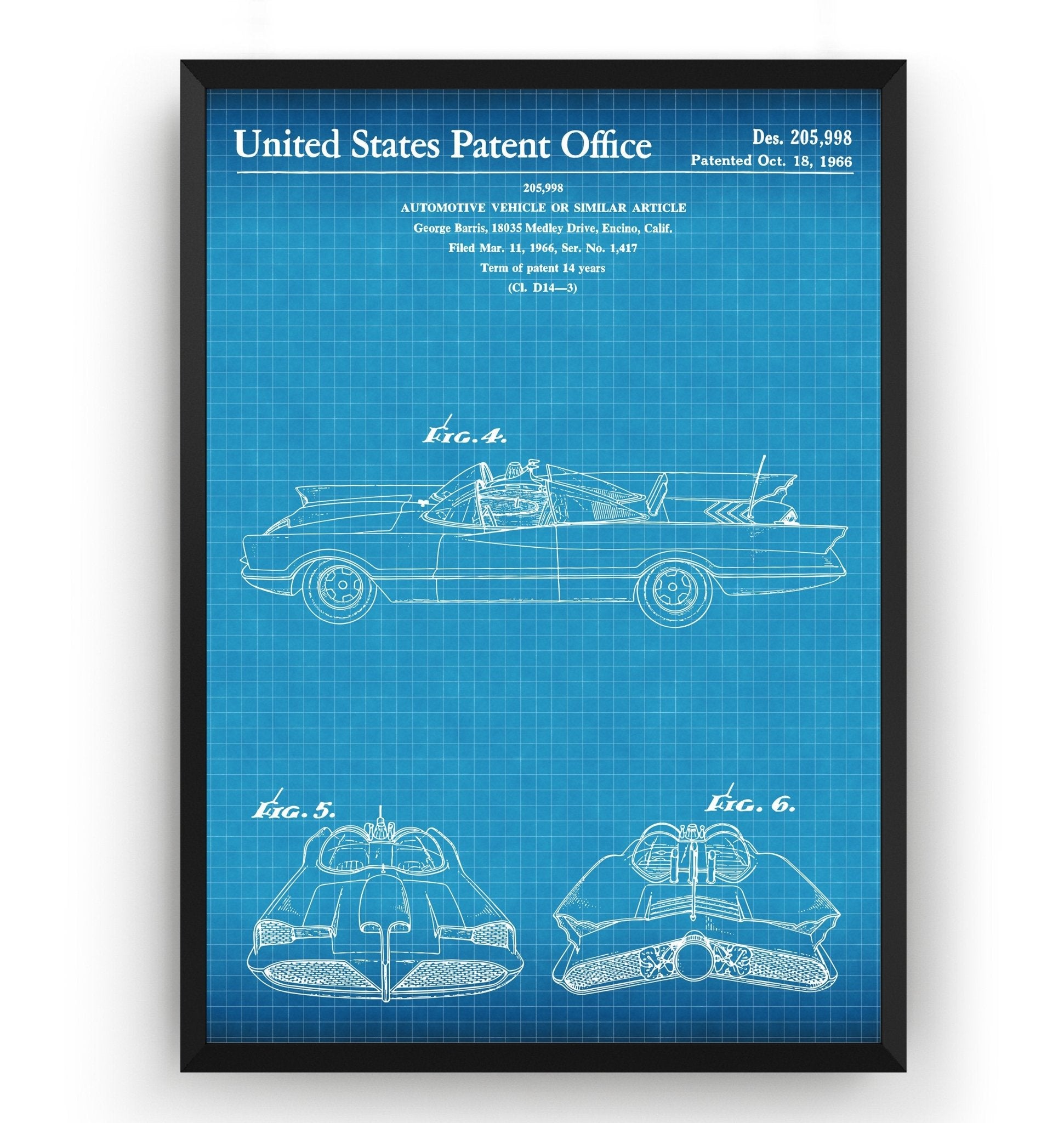 George Barris Batmobile 1966 Patent Print - Magic Posters