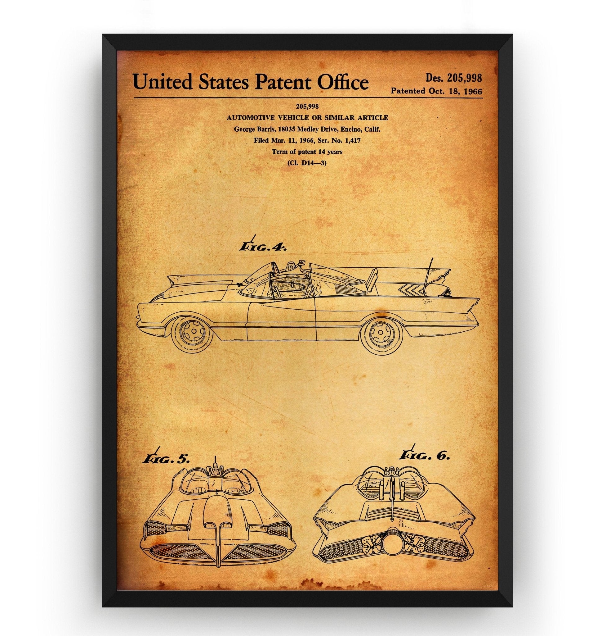 George Barris Batmobile 1966 Patent Print - Magic Posters