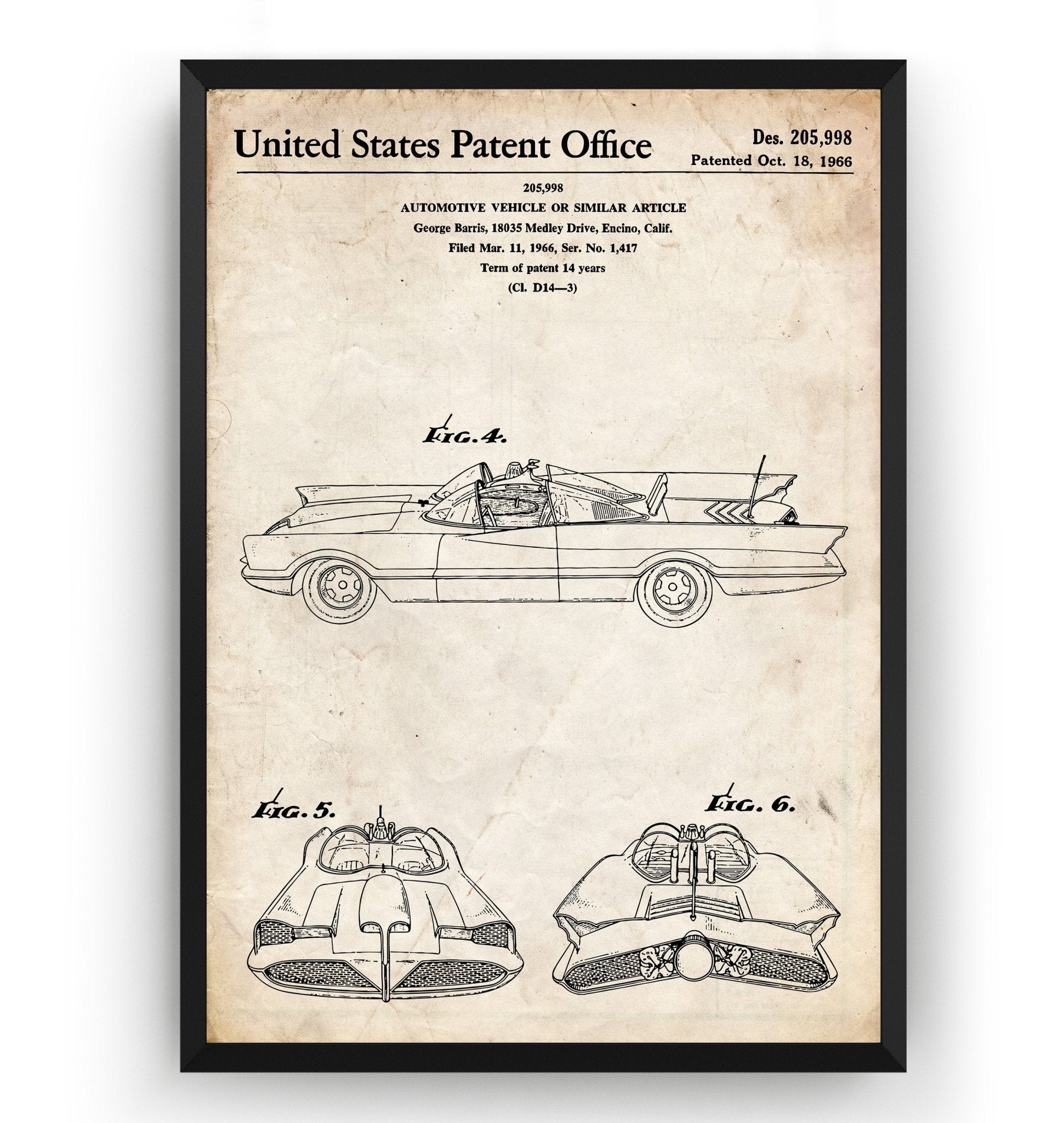 George Barris Batmobile 1966 Patent Print - Magic Posters