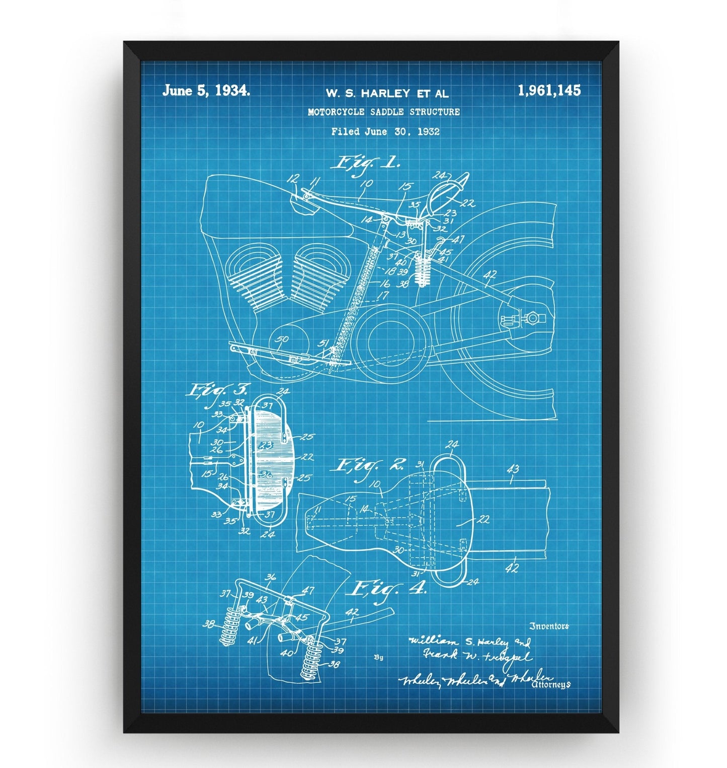 Harley Davidson Motorcycle Saddle Structure 1934 Patent Print - Magic Posters