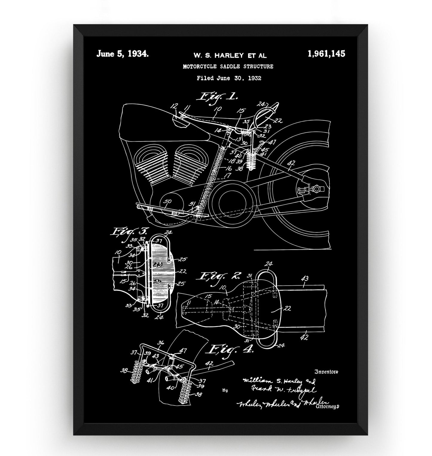 Harley Davidson Motorcycle Saddle Structure 1934 Patent Print - Magic Posters