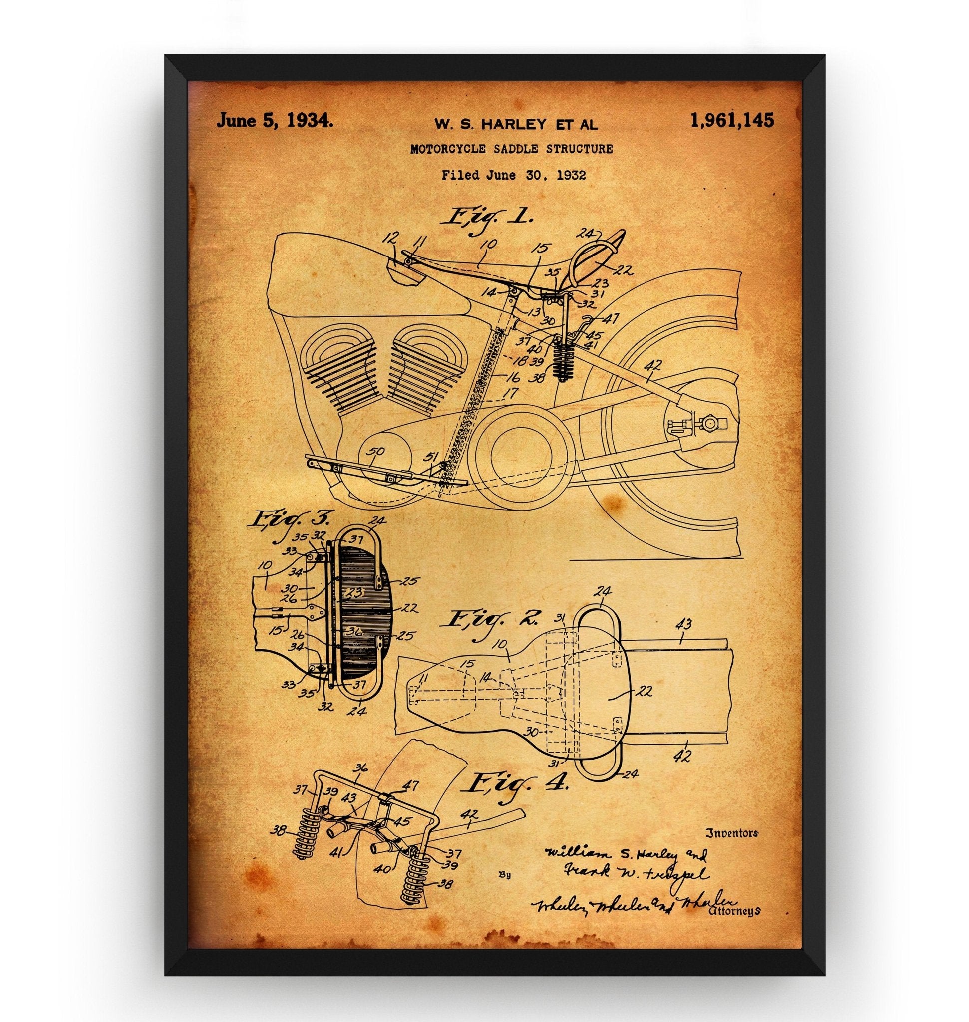 Harley Davidson Motorcycle Saddle Structure 1934 Patent Print - Magic Posters