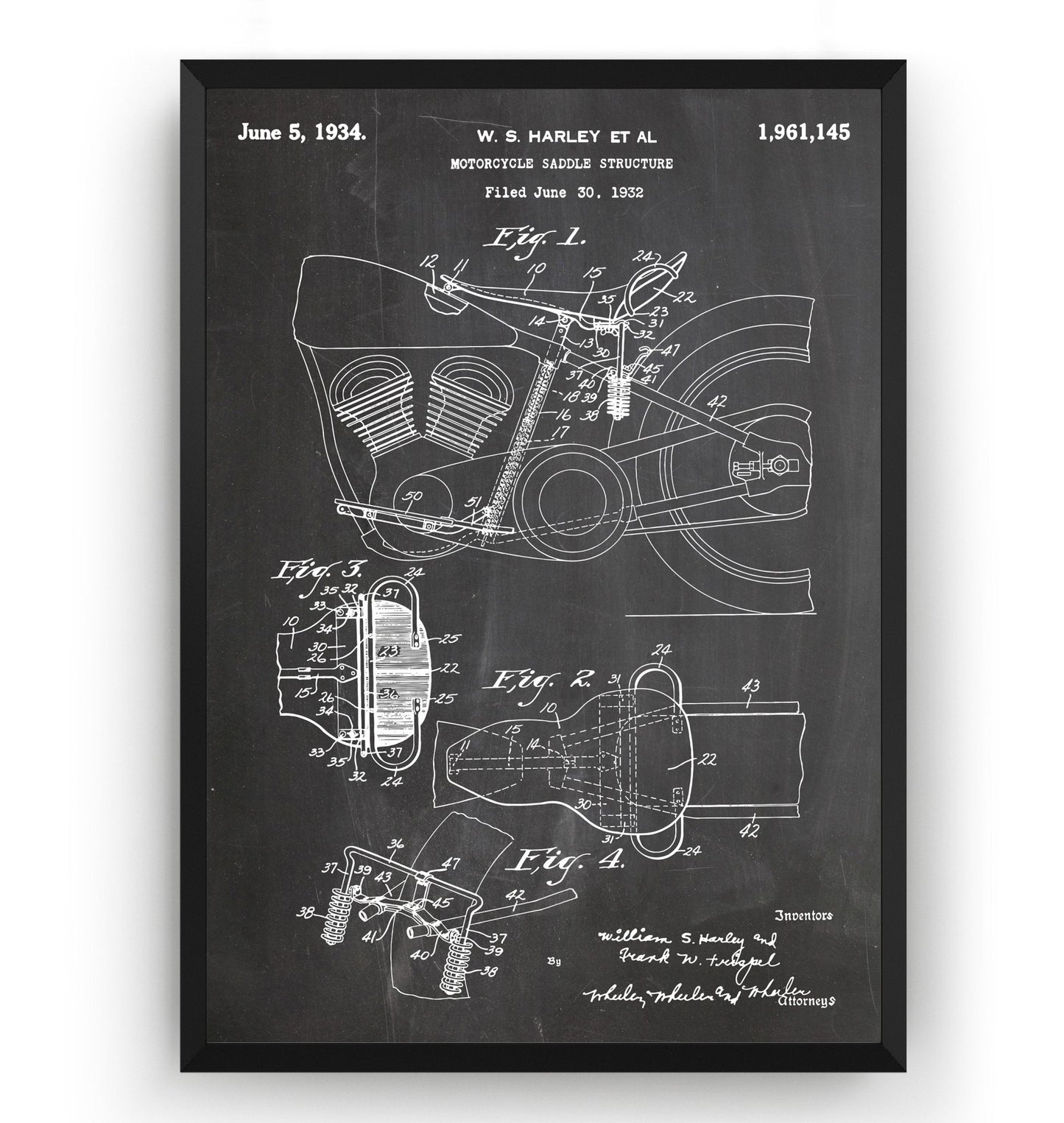 Harley Davidson Motorcycle Saddle Structure 1934 Patent Print - Magic Posters