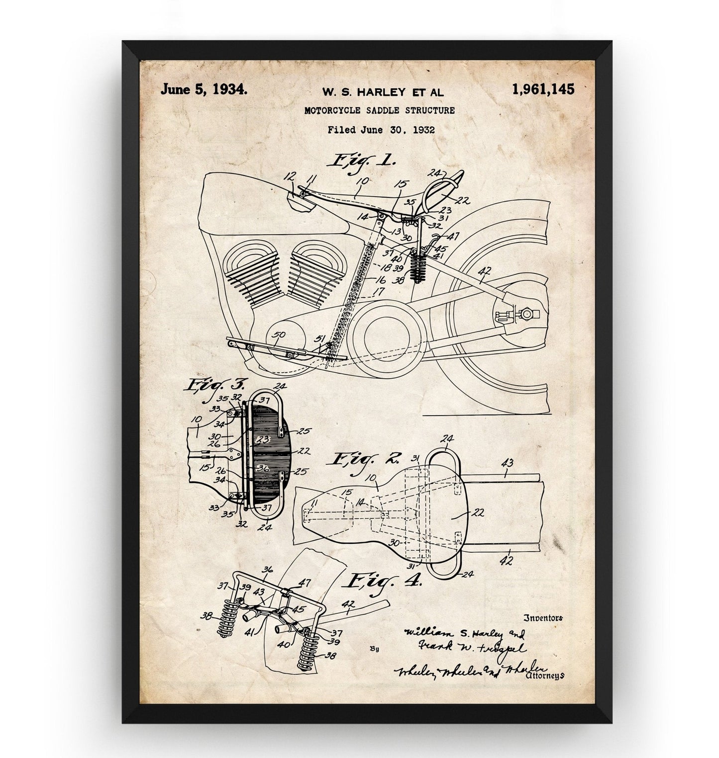 Harley Davidson Motorcycle Saddle Structure 1934 Patent Print - Magic Posters