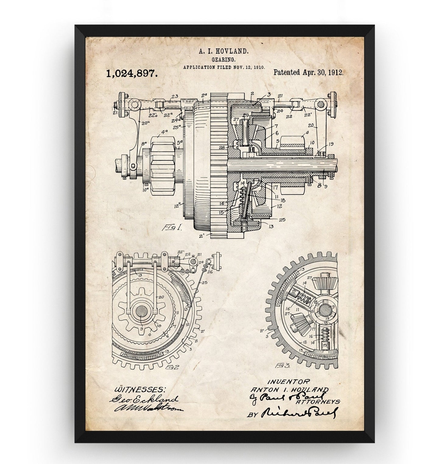 Mechanical Gearing 1912 Patent Print - Magic Posters