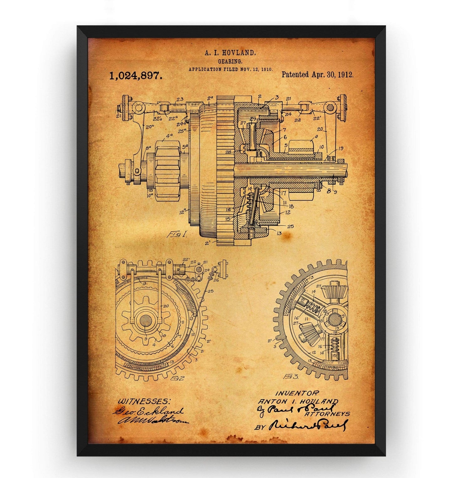 Mechanical Gearing 1912 Patent Print - Magic Posters