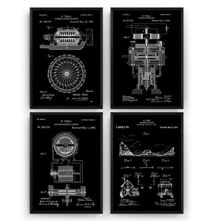 Nikola Tesla Set Of 4 Patent Prints V2 - Magic Posters