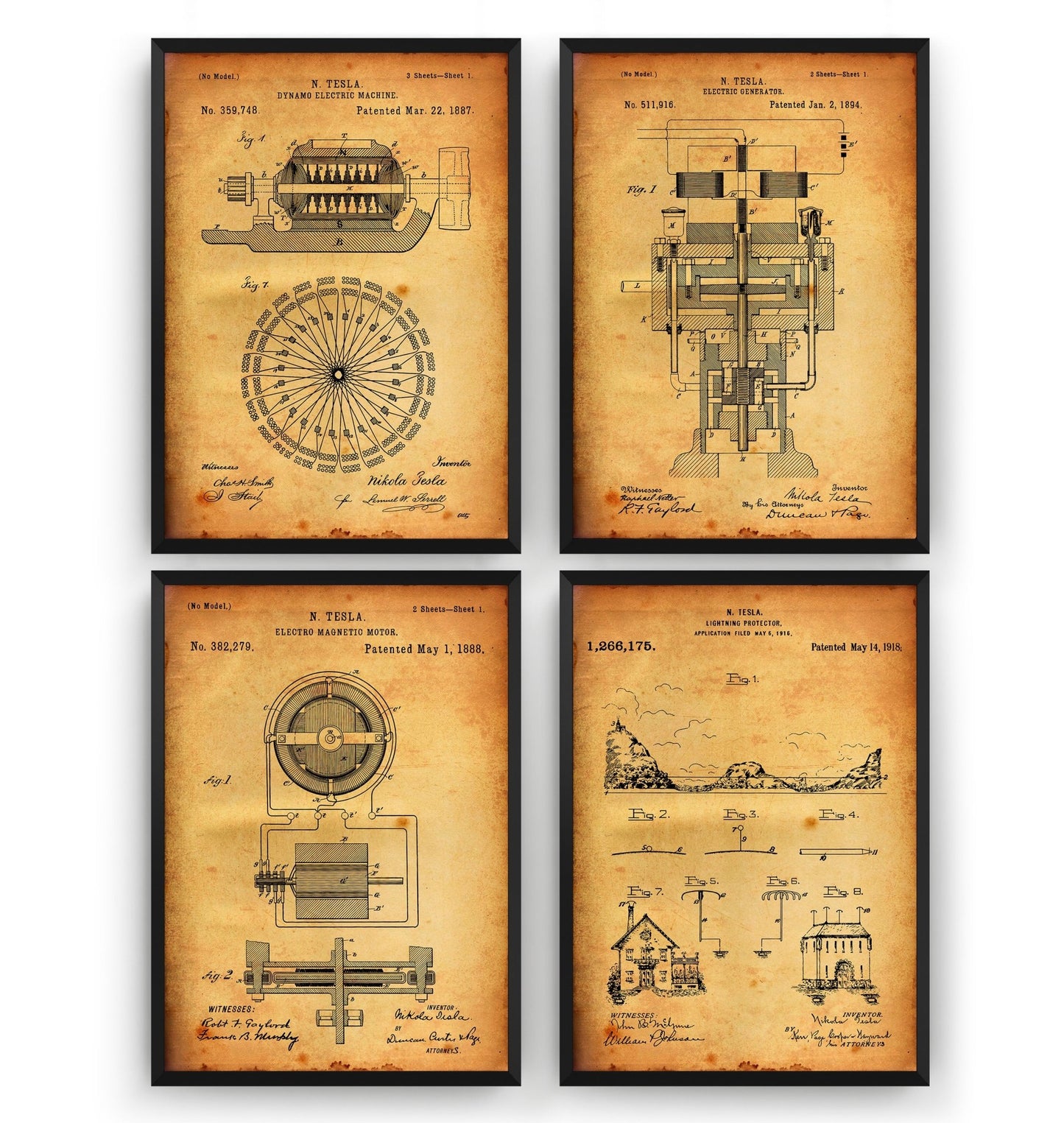 Nikola Tesla Set Of 4 Patent Prints V2 - Magic Posters