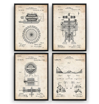 Nikola Tesla Set Of 4 Patent Prints V2 - Magic Posters