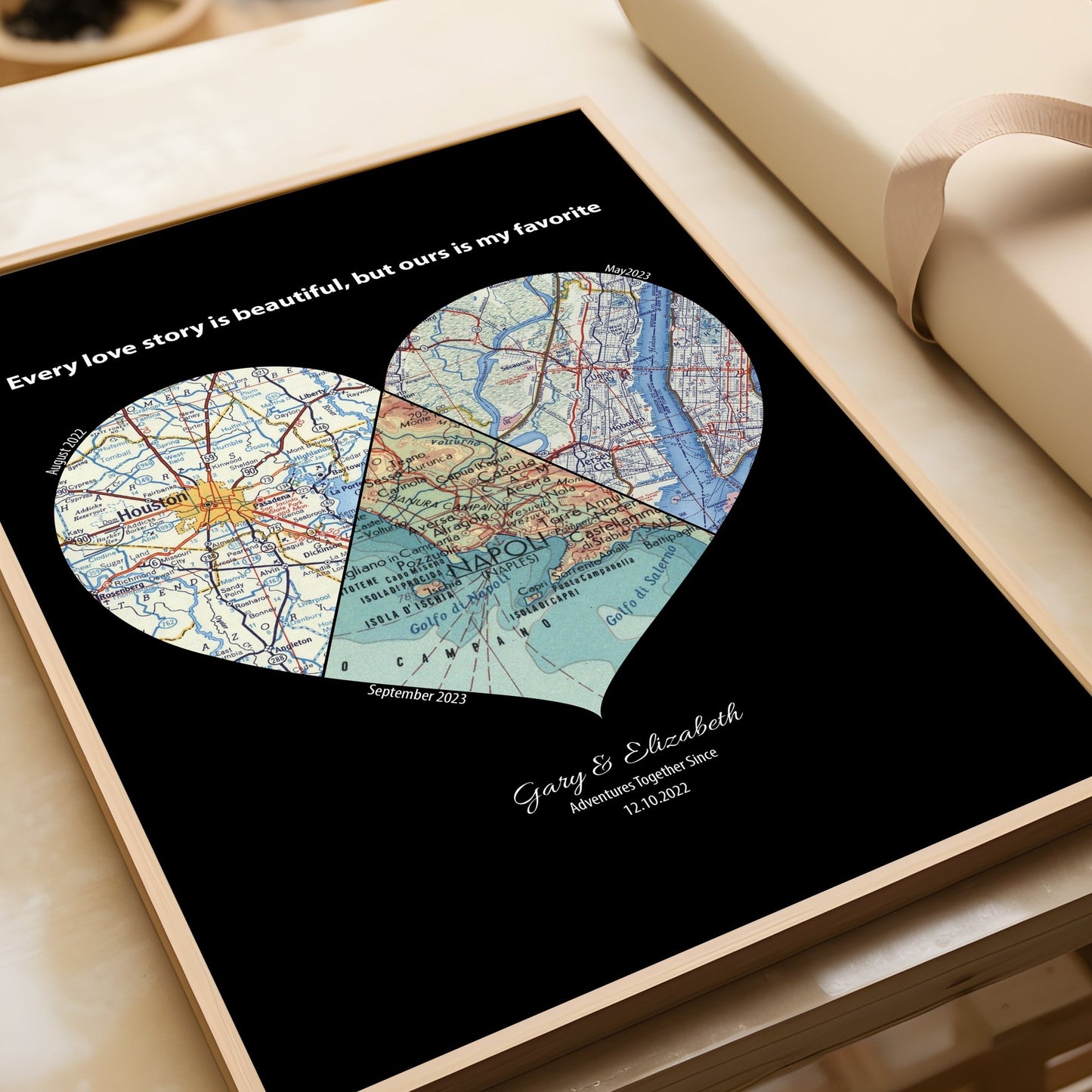 Personalised Heart Map Print Any 3 Locations (Black) - Magic Posters