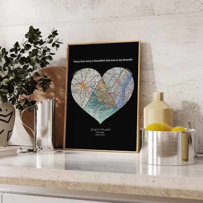 Personalised Heart Map Print Any 3 Locations (Black) - Magic Posters