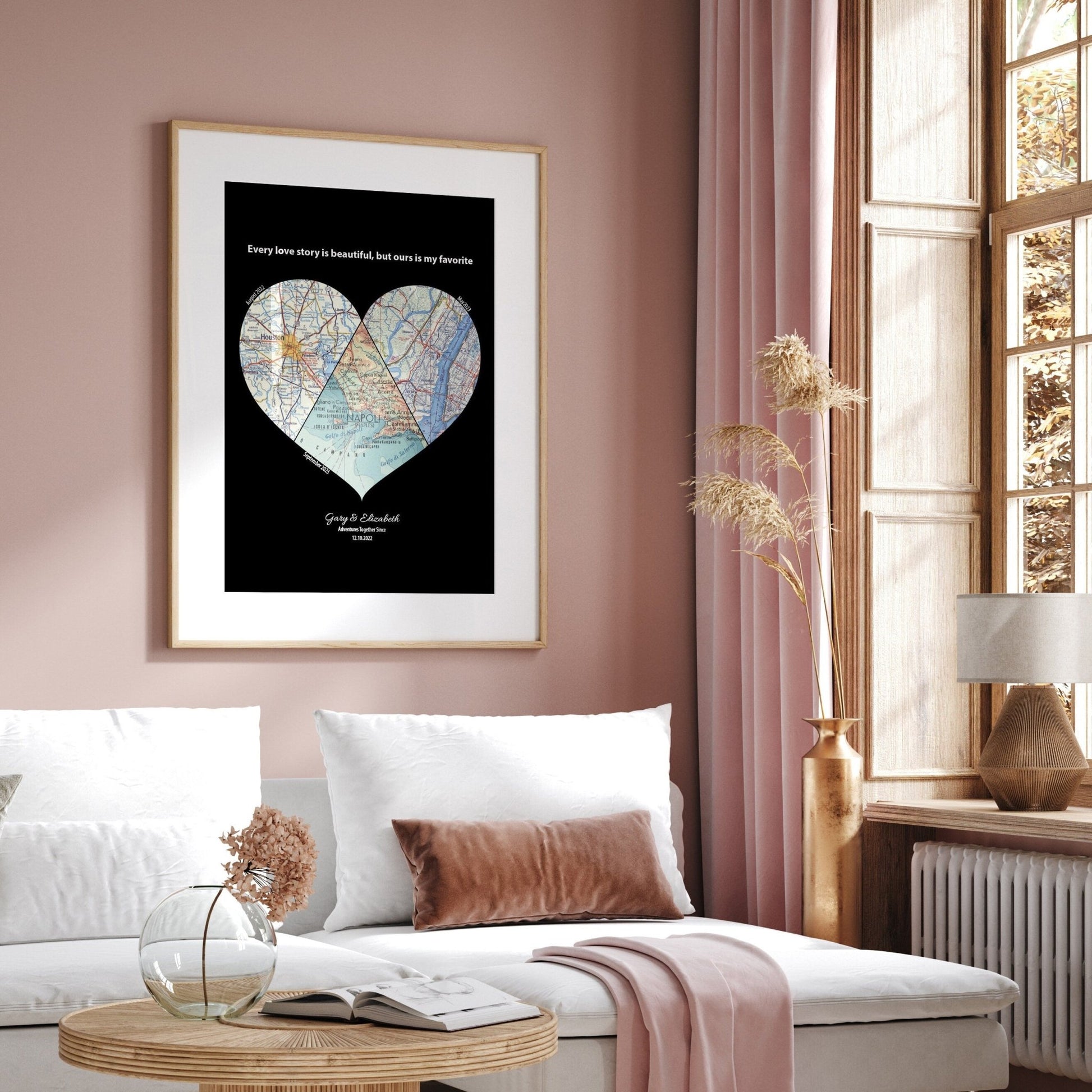 Personalised Heart Map Print Any 3 Locations (Black) - Magic Posters