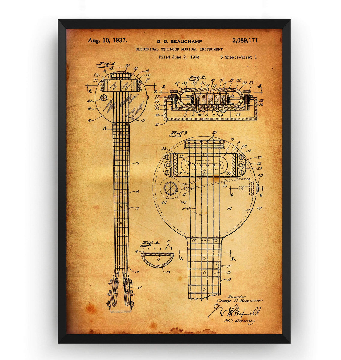 Rickenbacker Ro-Pat-In Frying Pan Electric Guitar Patent Print – Magic ...