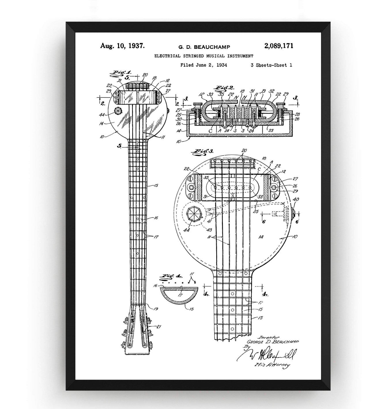 Rickenbacker Ro-pat-in Frying Pan Electric Guitar Patent Print - Magic 